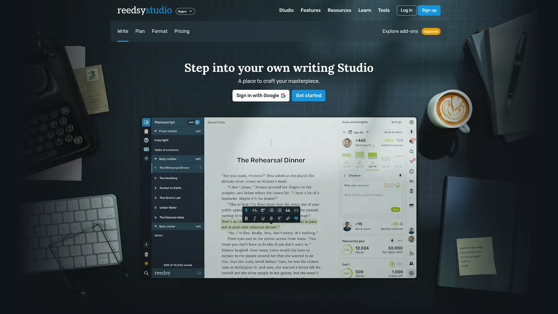 Reedsy Studio writing app homepage showing planning and manuscript workspace