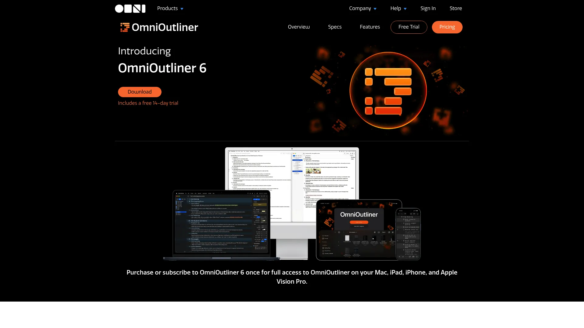 OmniOutliner outlining software homepage showing structured document hierarchy