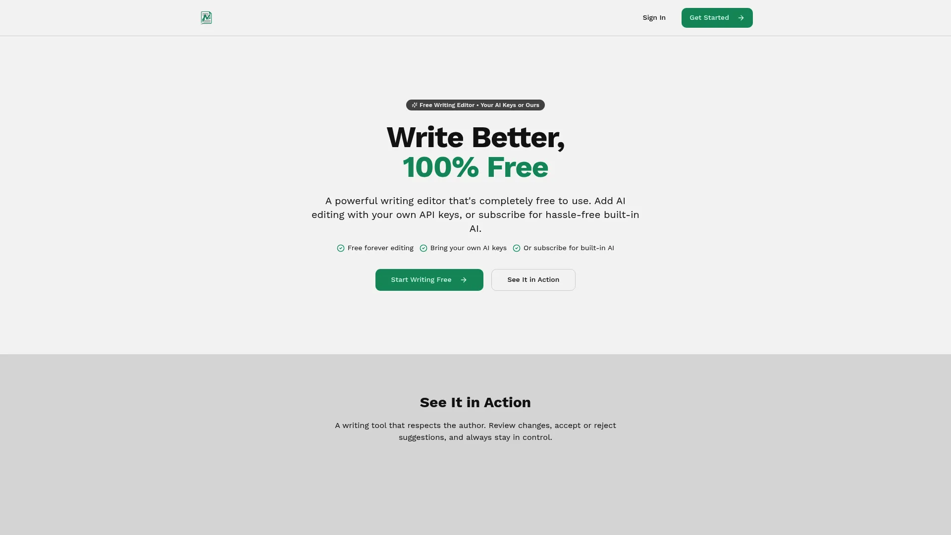 Manuskript AI-powered writing editor homepage with markdown preview
