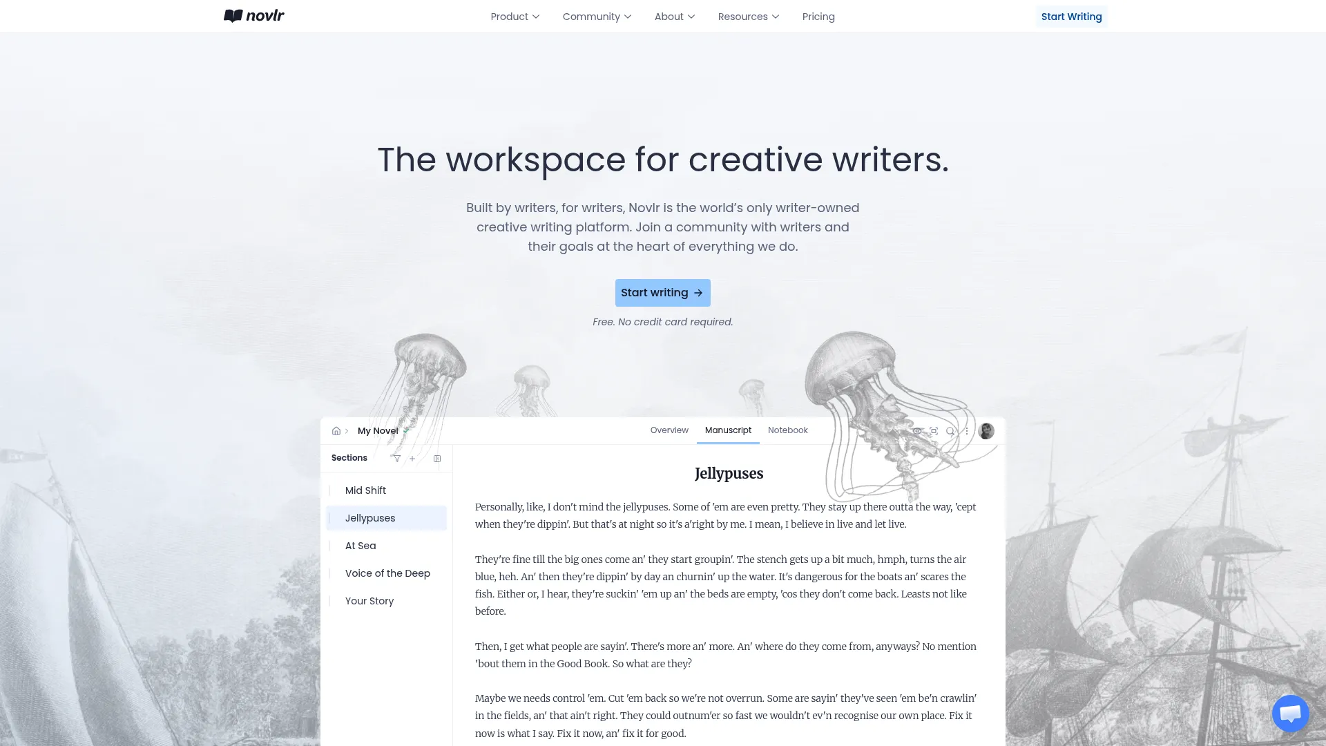 Novlr writing platform homepage