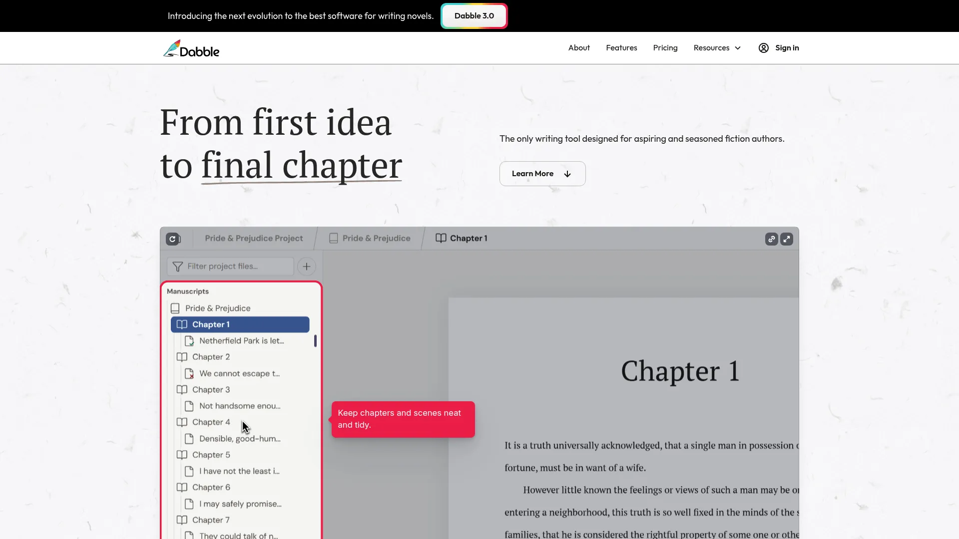 Dabble novel writing software homepage