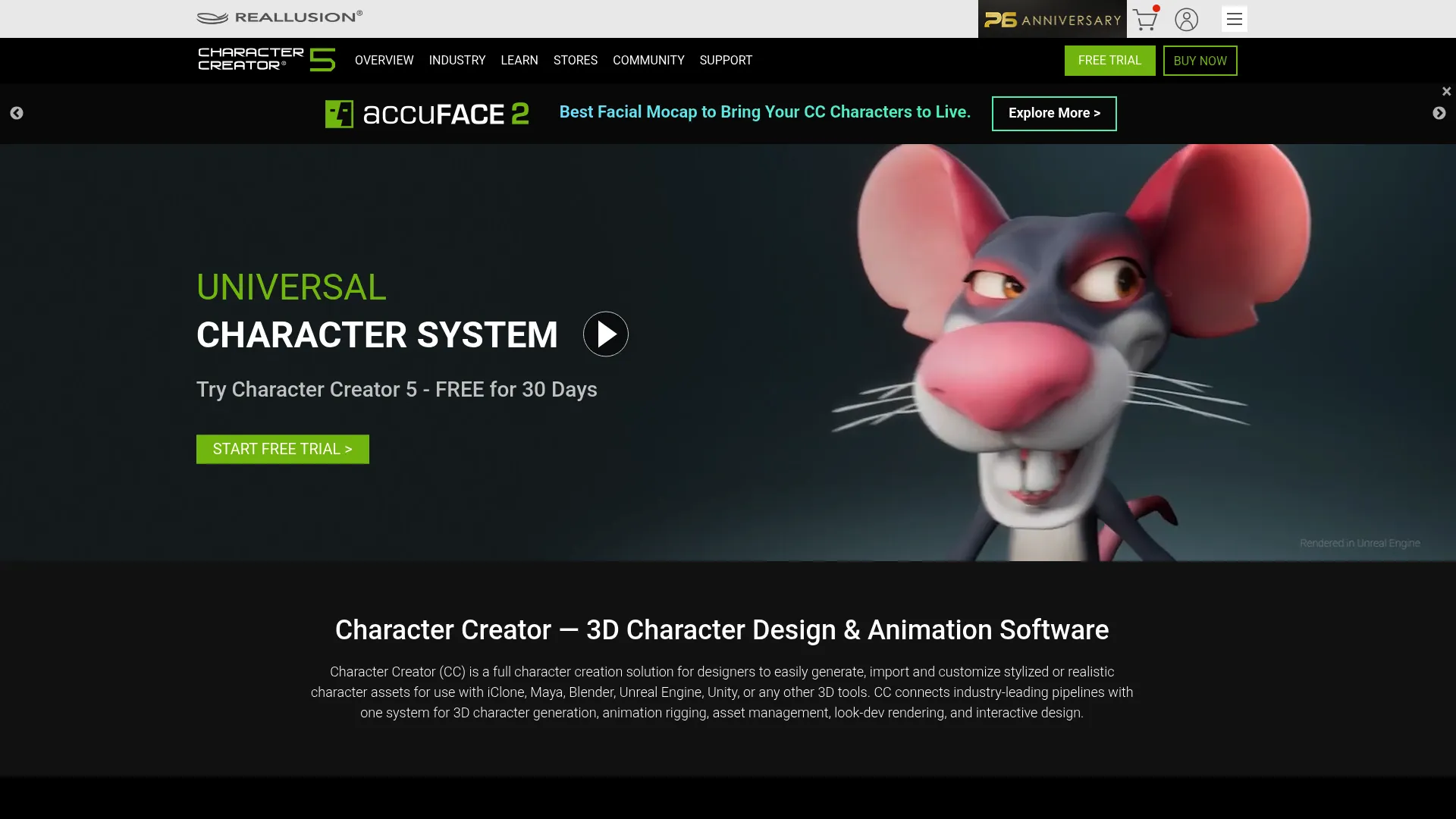 Character Creator 5 homepage by Reallusion showing 3D character creation software