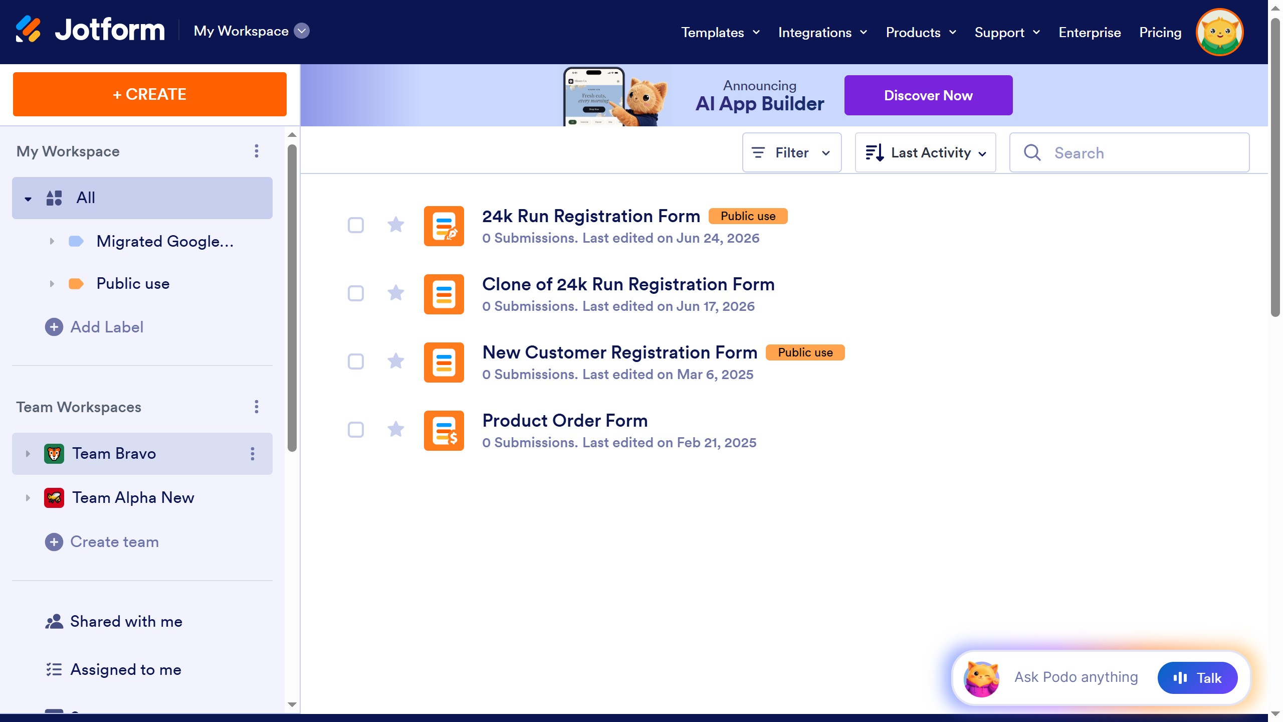 How to delete a team after login in Jotform