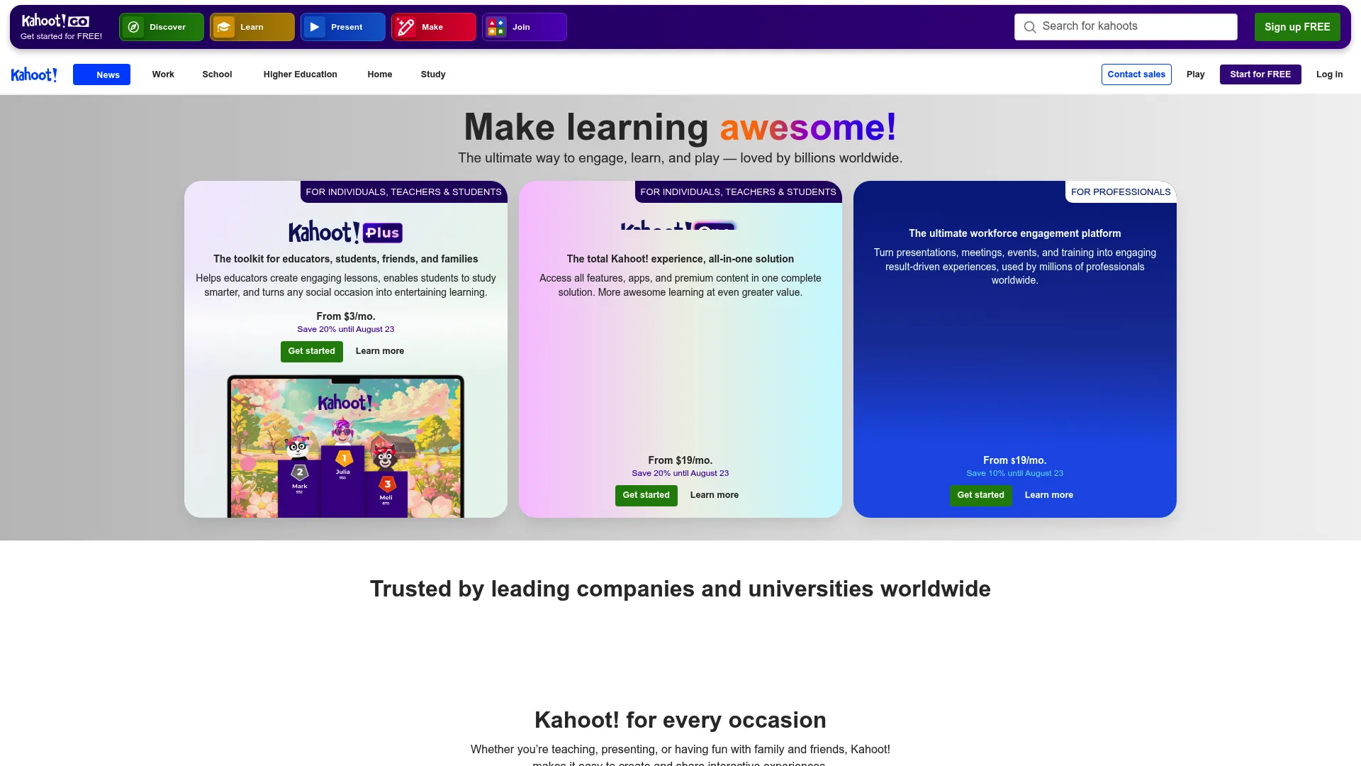 Kahoot homepage screenshot