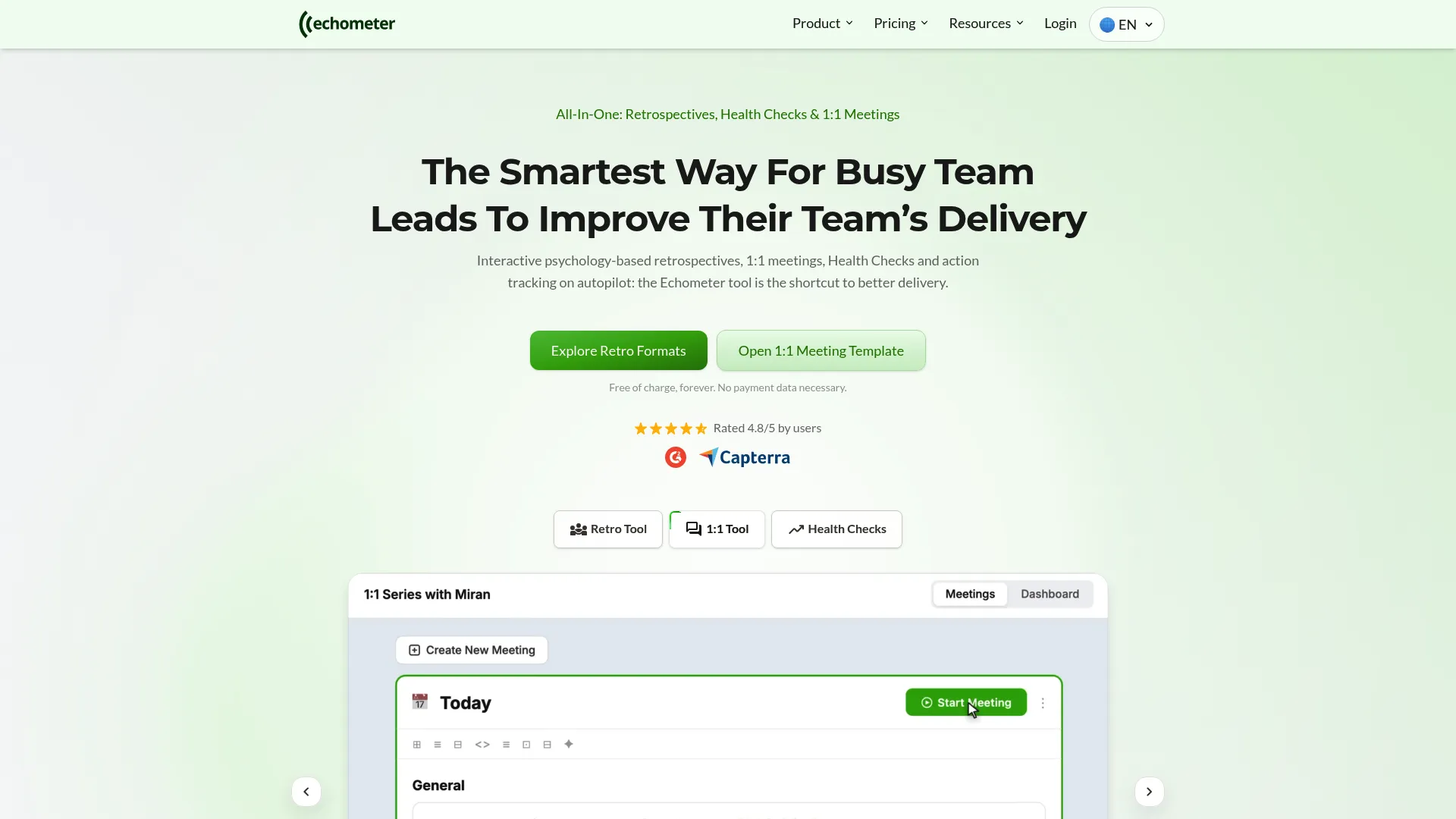 Echometer retrospective software homepage screenshot