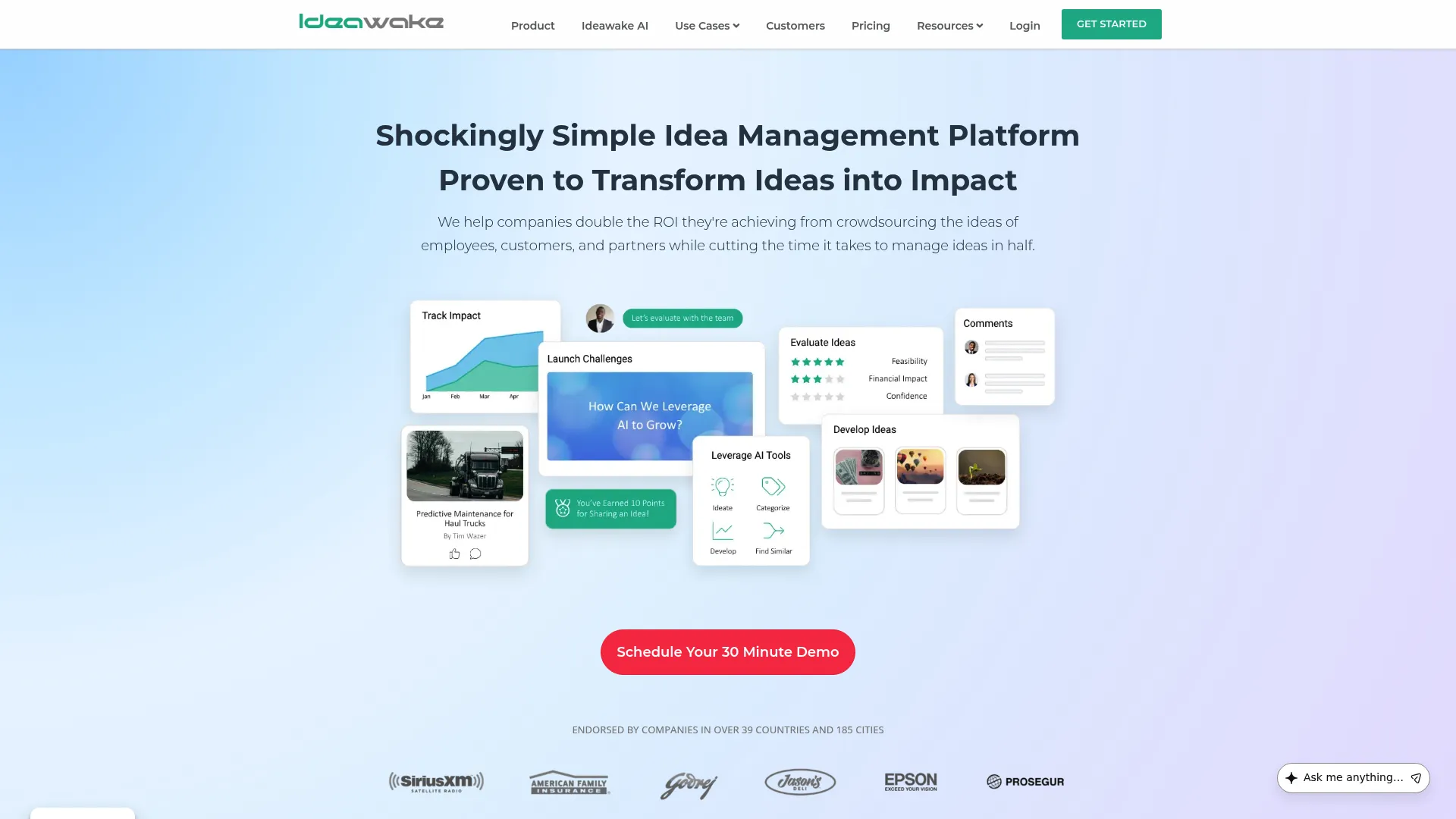 Ideawake idea and innovation management software homepage showing idea collection, evaluation, and workflow management