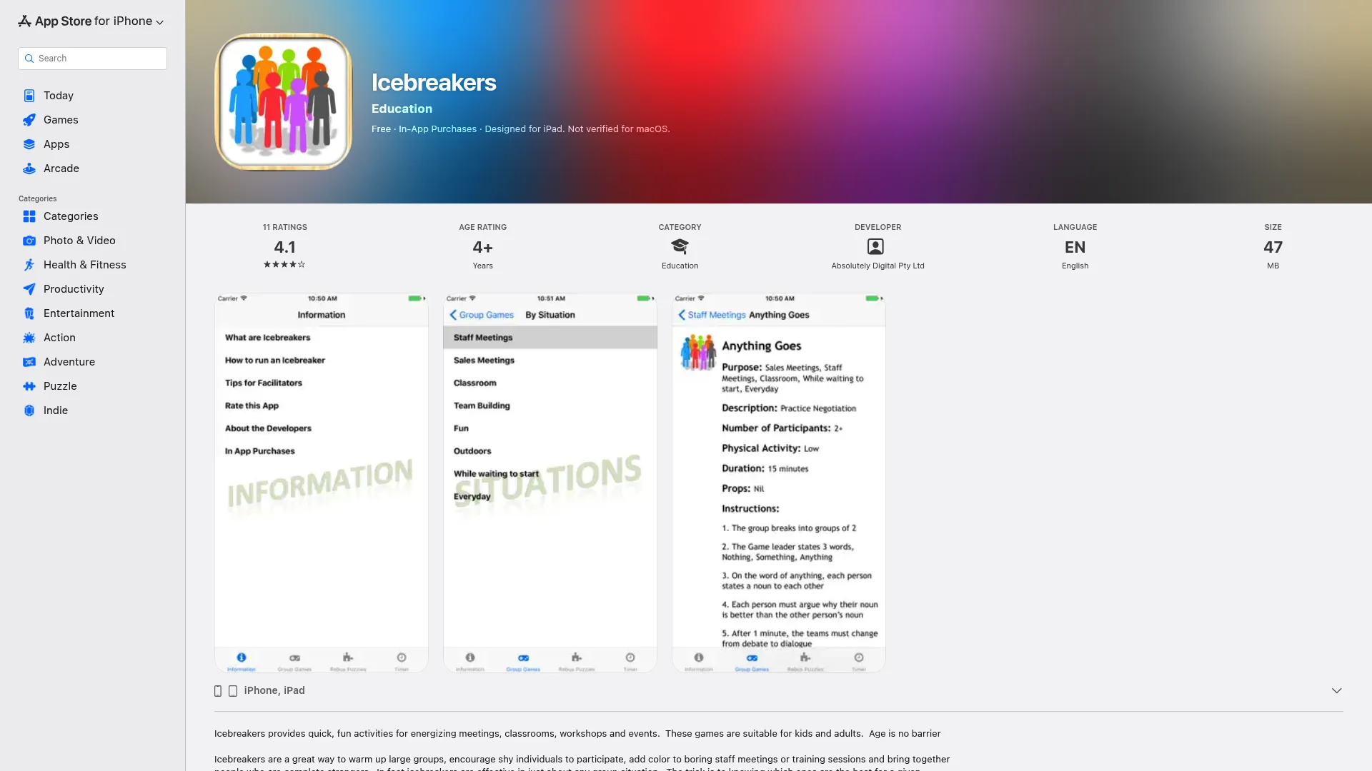 Icebreakers - mobile app for quick activity selection by type and group size
