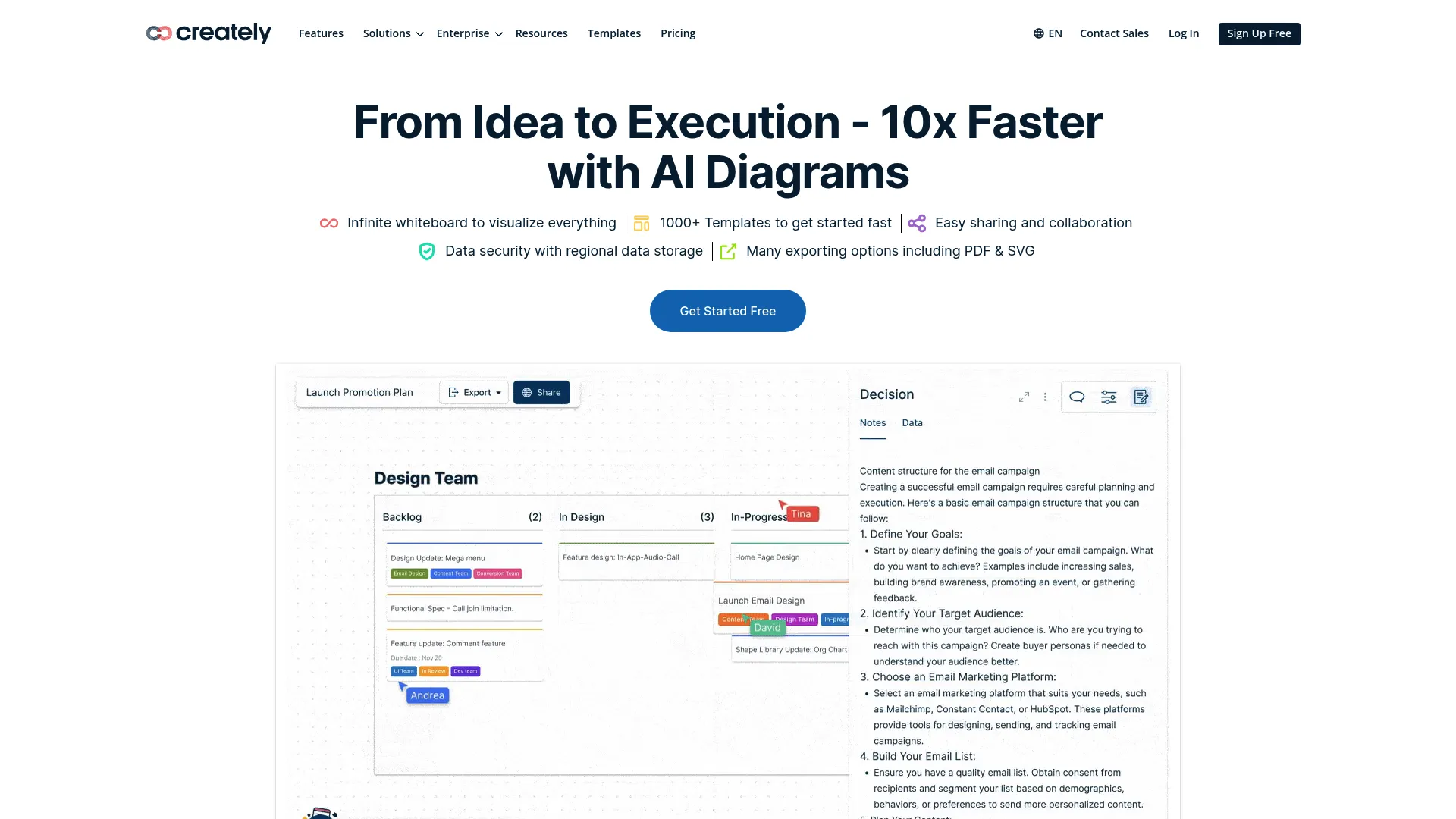 Creately visual collaboration and diagramming platform homepage showing canvas with flowcharts and project views
