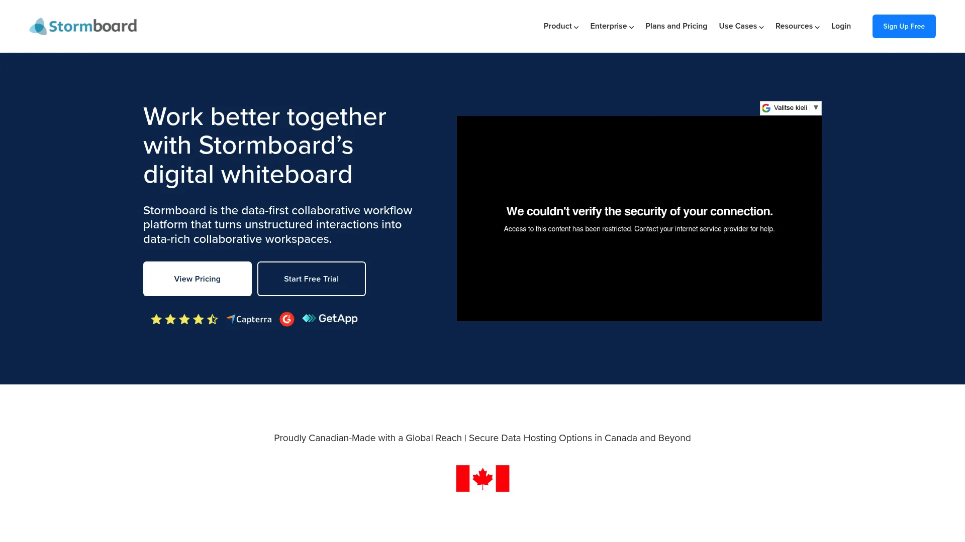Stormboard collaborative whiteboard homepage showing structured brainstorming workspace with sticky notes and reports