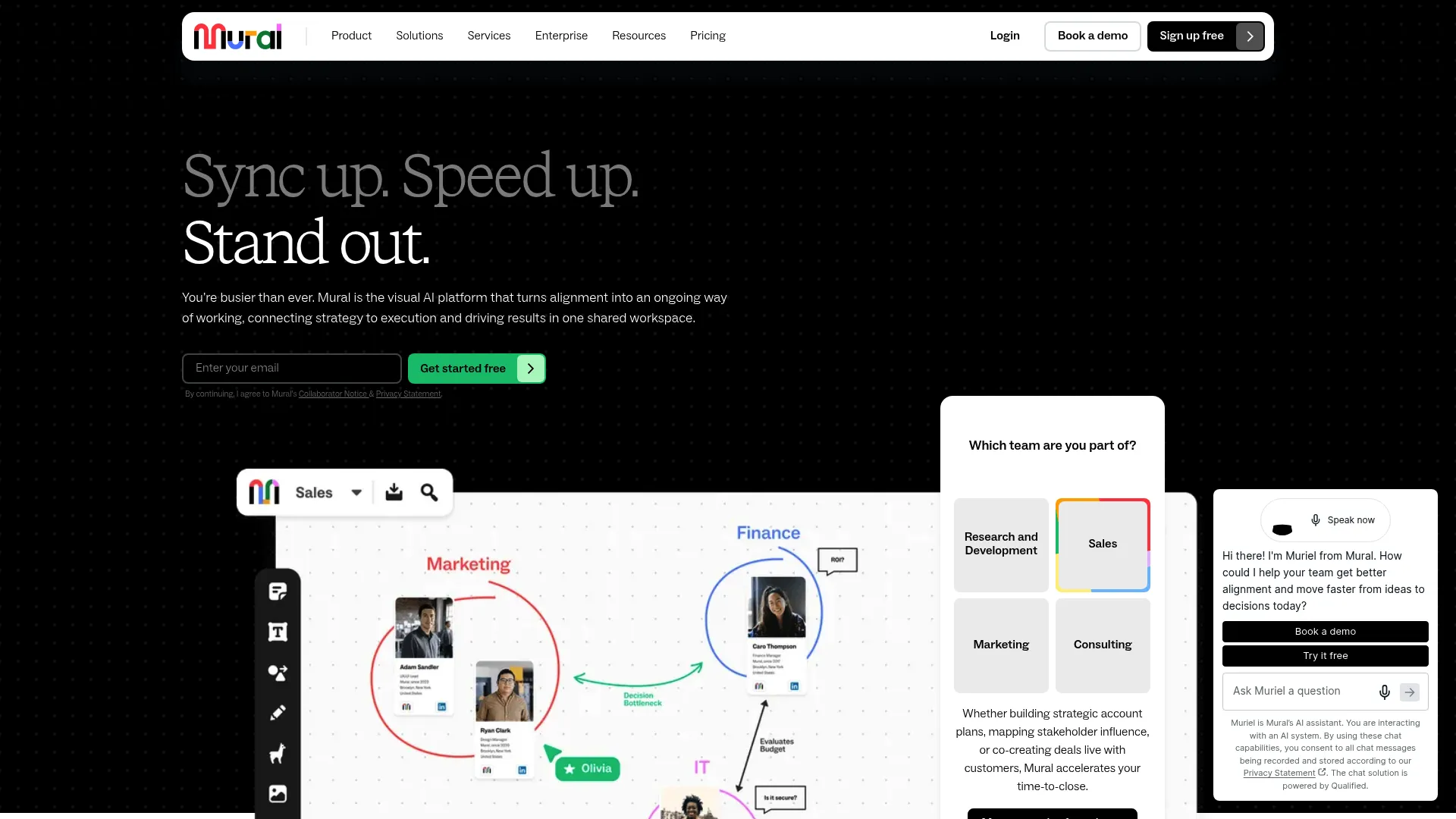 Mural visual collaboration platform homepage showing facilitated workshop canvas with sticky notes and timers