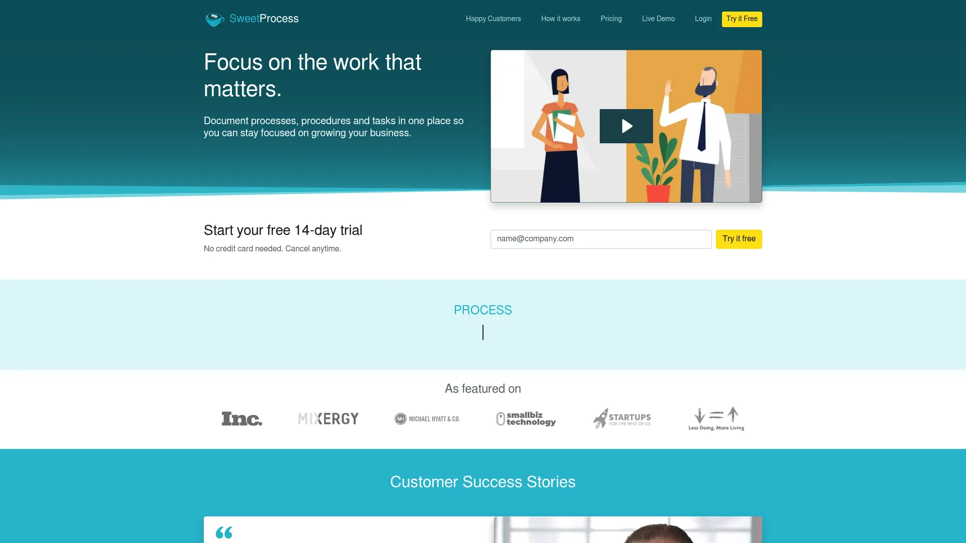 SweetProcess homepage screenshot