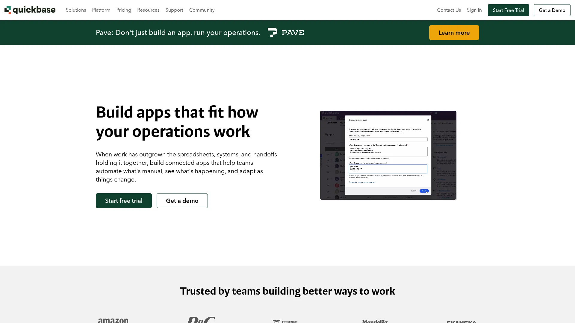 Quickbase no-code process and workflow platform homepage screenshot