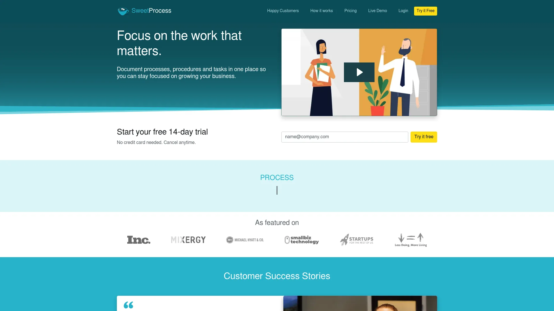 SweetProcess homepage screenshot
