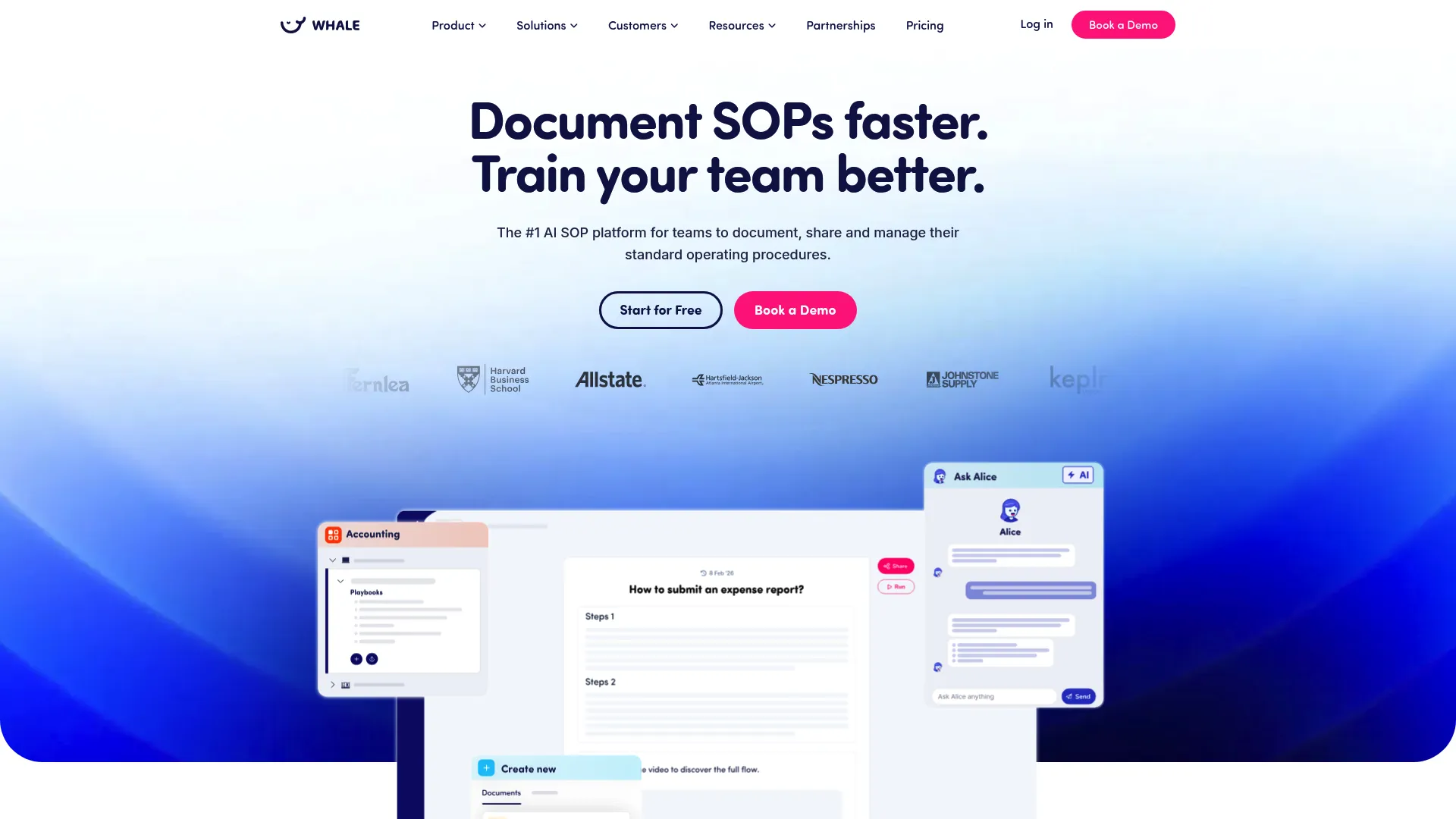 Whale homepage screenshot showing the SOP documentation and training platform