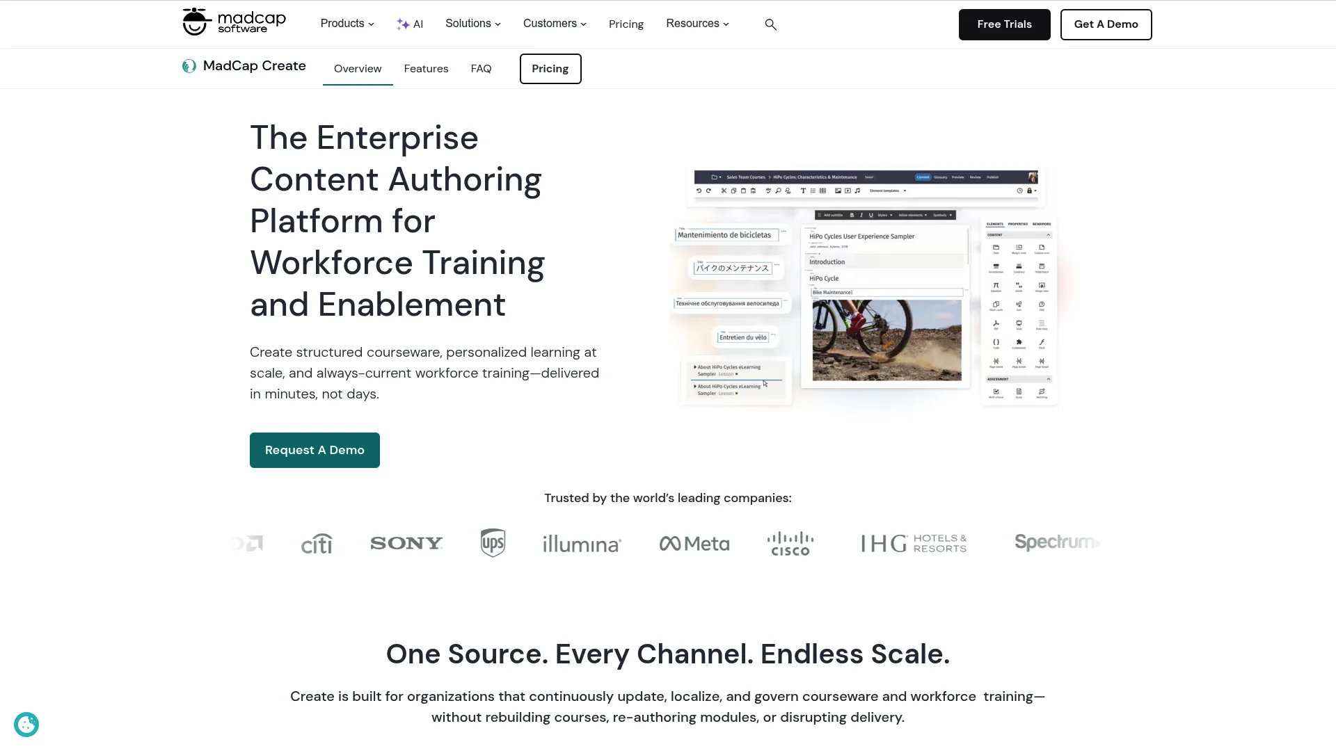 MadCap Create homepage screenshot showing the enterprise content management and eLearning authoring platform