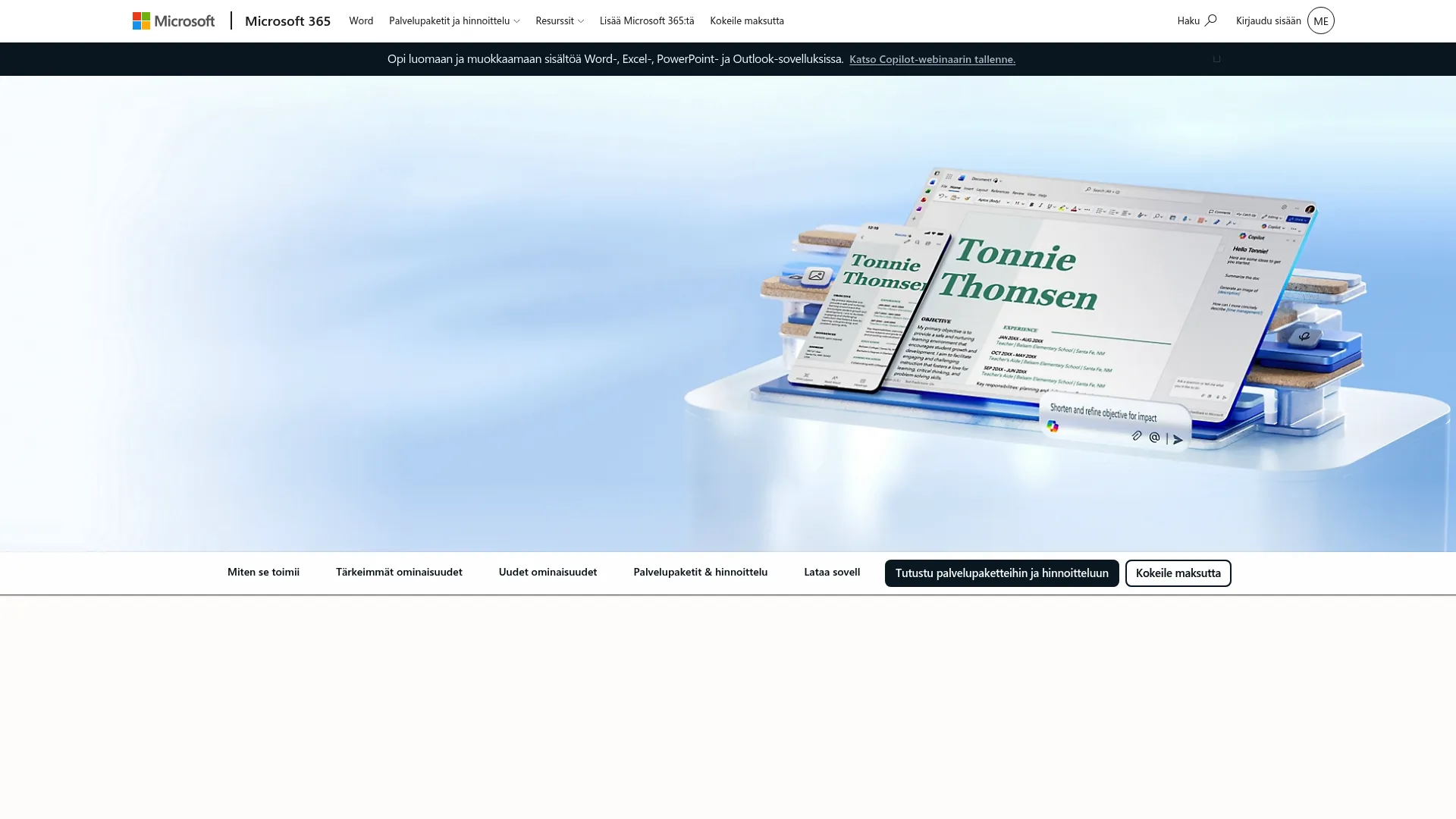 Microsoft Word homepage screenshot showing the document editor and Microsoft 365 platform
