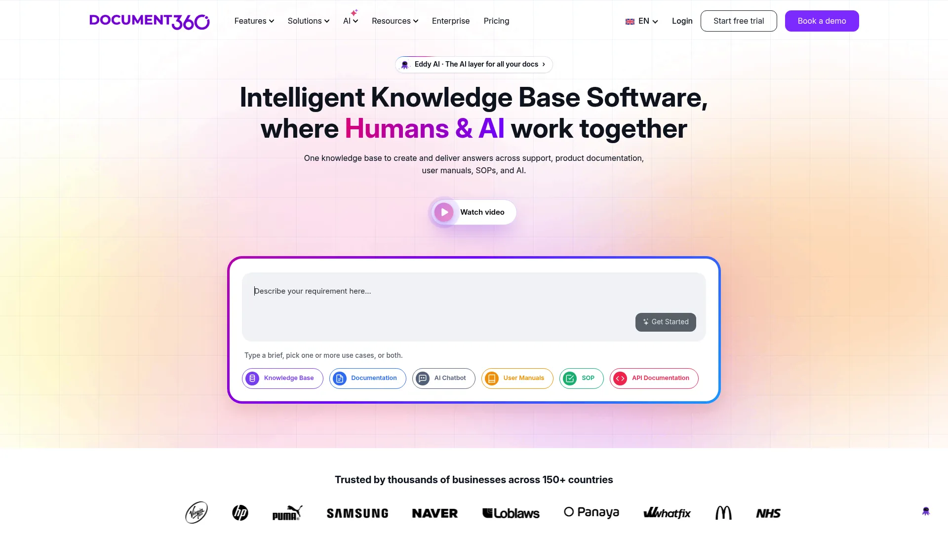 Document360 homepage screenshot showing the knowledge base and documentation governance platform