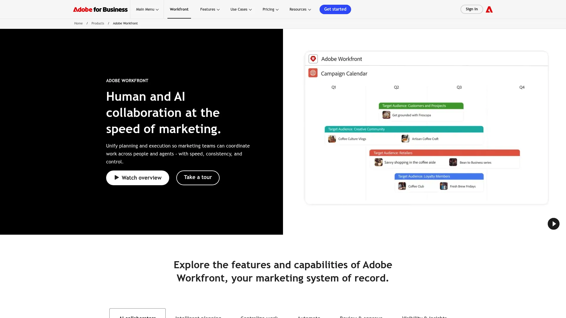 Adobe Workfront homepage screenshot showing enterprise work management and resource planning interface