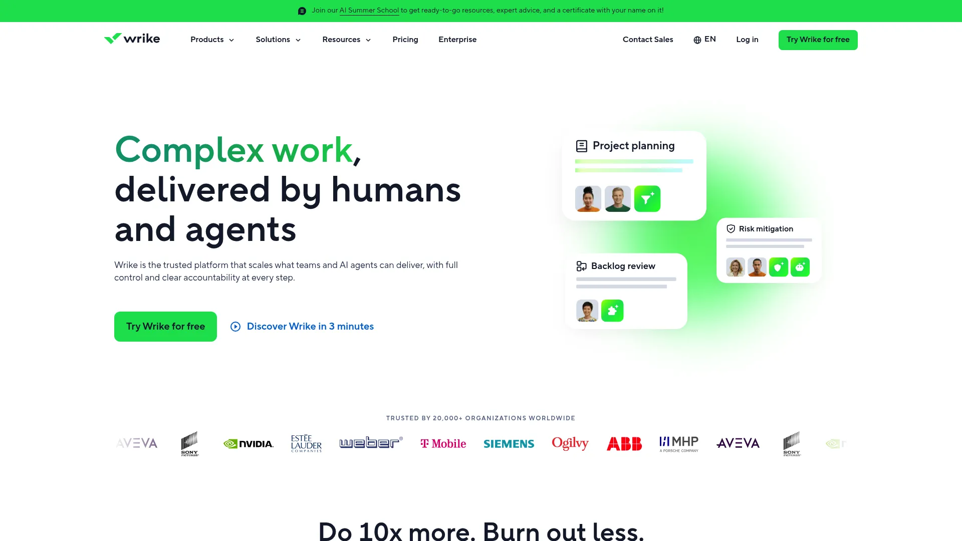 Wrike homepage screenshot showing work management platform and task tracking interface