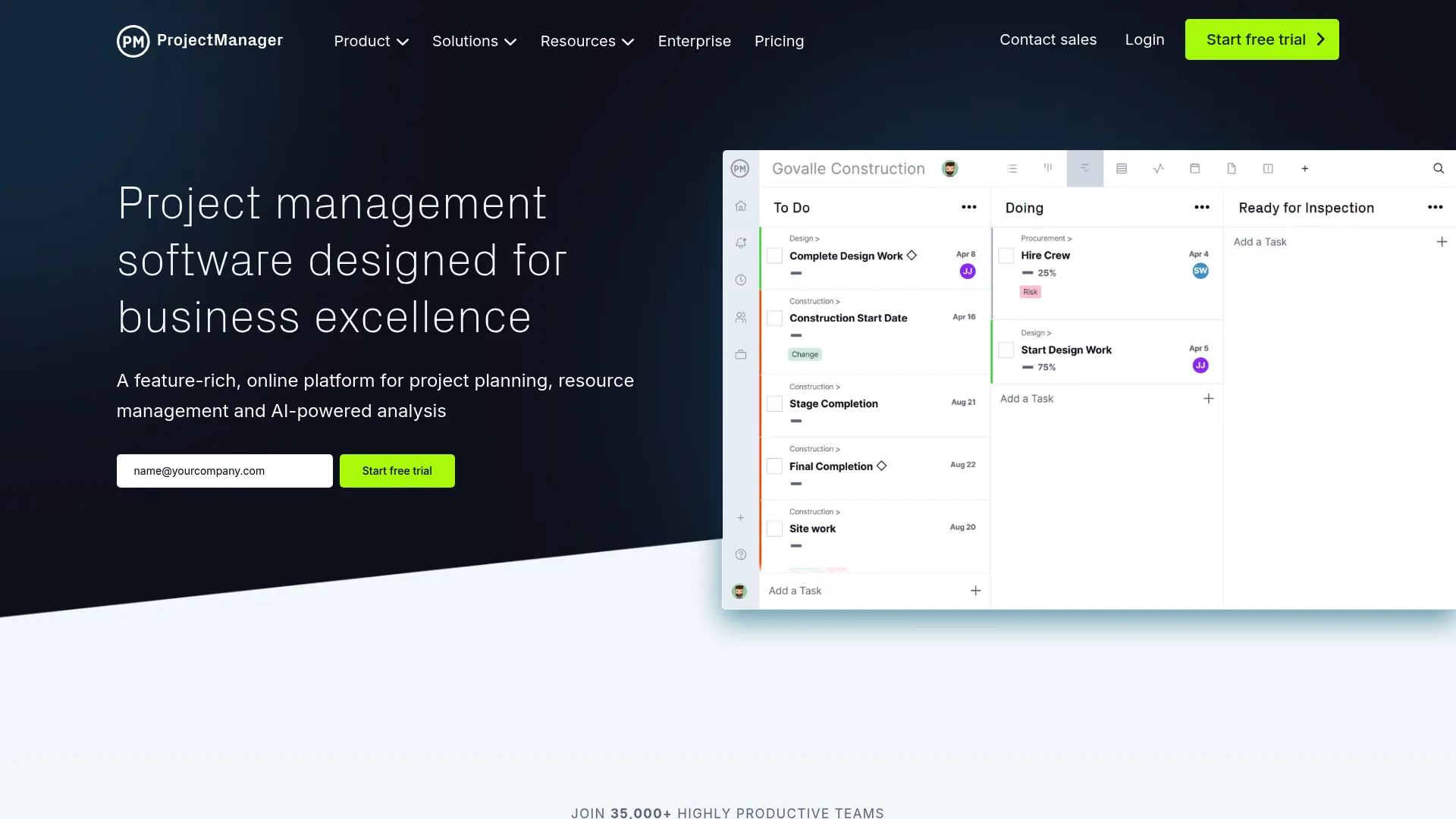 ProjectManager homepage screenshot showing project scheduling and Gantt interface