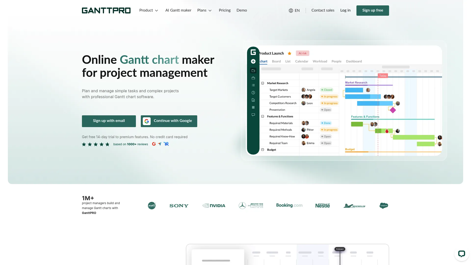 GanttPRO homepage screenshot showing Gantt chart project planning interface