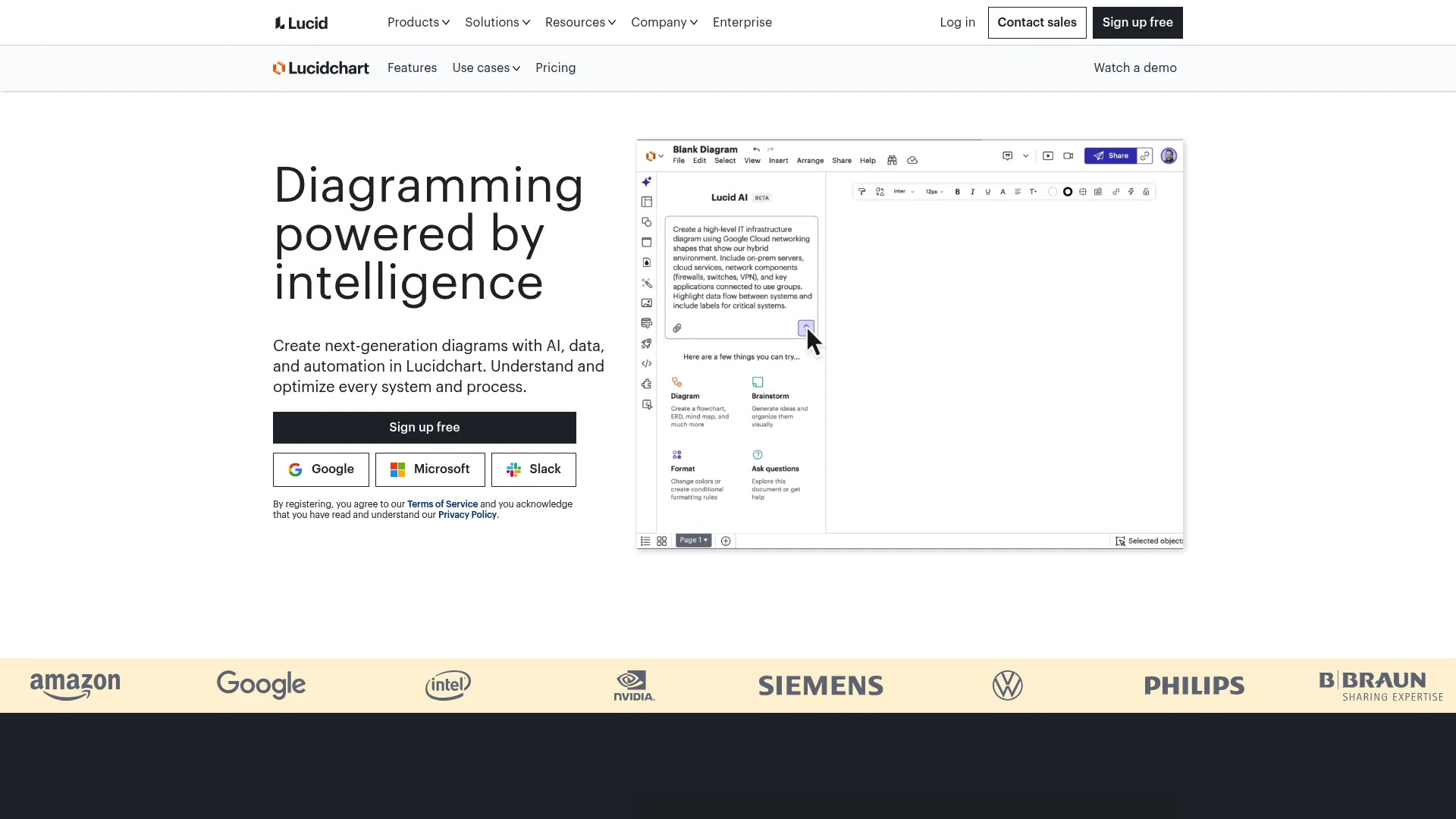 Lucidchart homepage screenshot showing collaborative diagramming interface