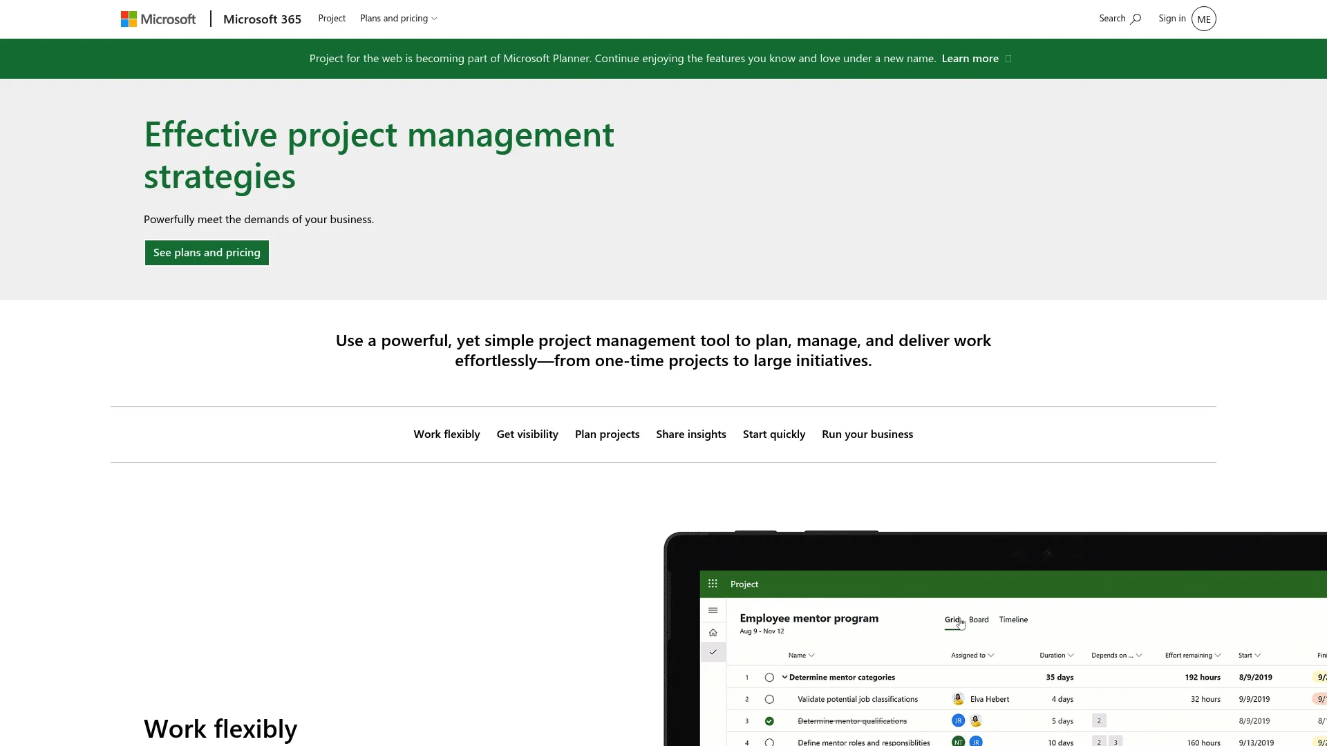 Microsoft Project homepage screenshot showing Planner and project management interface