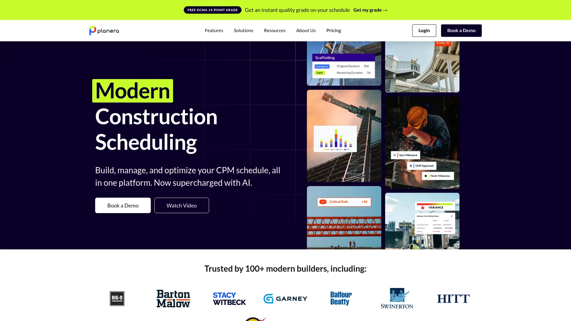 Planera homepage screenshot showing construction CPM scheduling interface