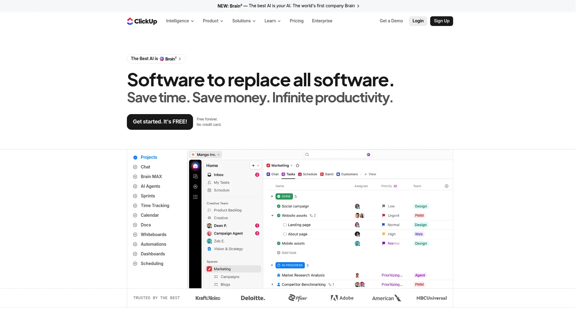 ClickUp homepage screenshot showing all-in-one work management platform