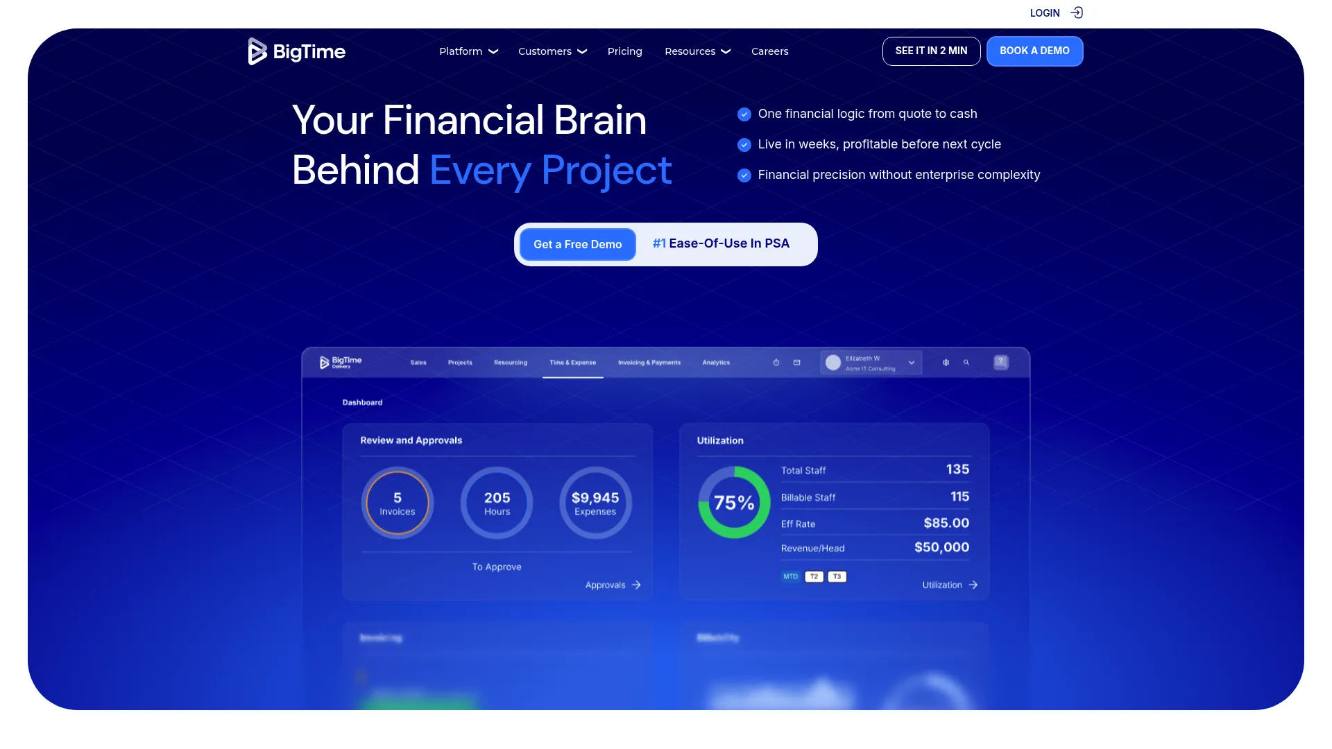BigTime homepage screenshot showing professional services platform with time tracking, invoicing, and project financial management