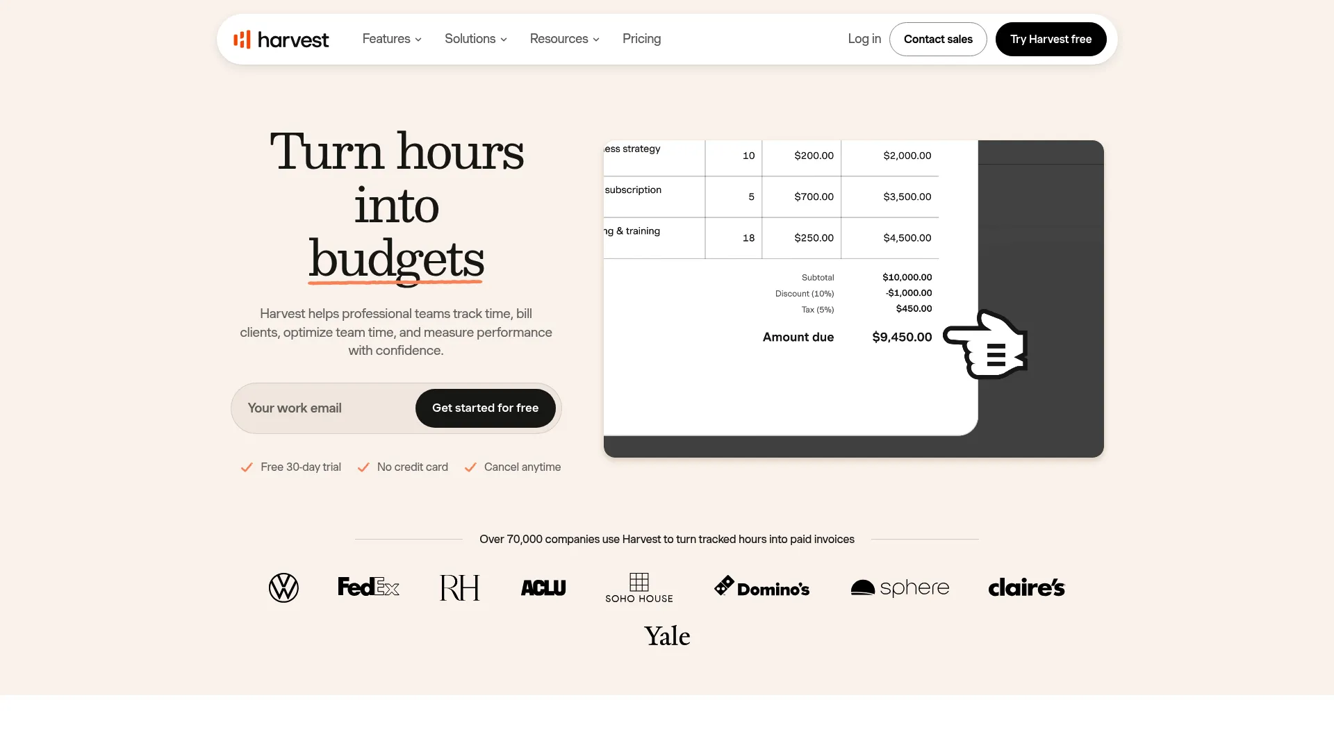 Harvest homepage screenshot showing time tracking, invoicing, and project reporting software for teams and freelancers