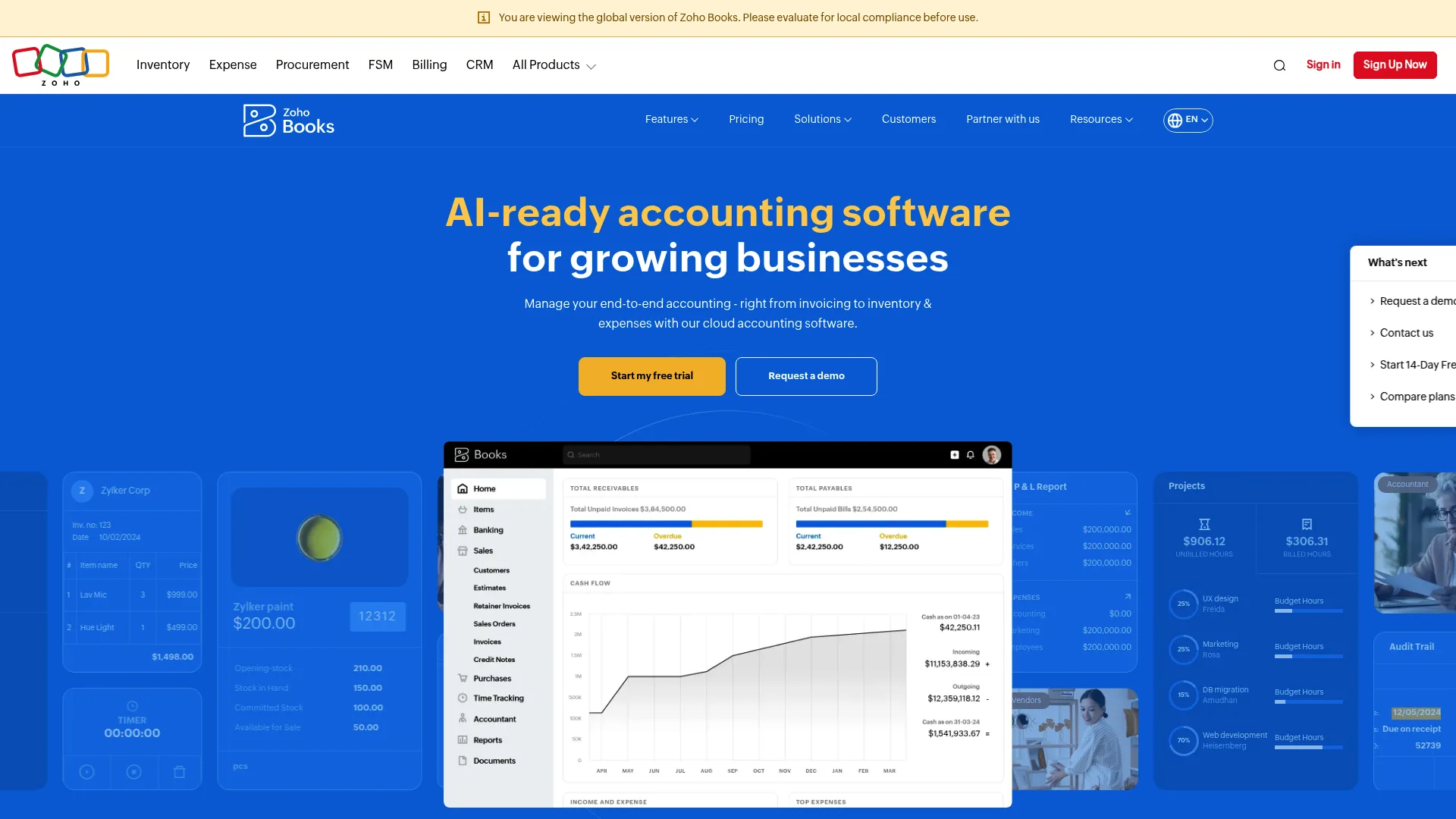 Zoho Books homepage screenshot showing cloud accounting software with invoicing, project tracking, and financial reporting