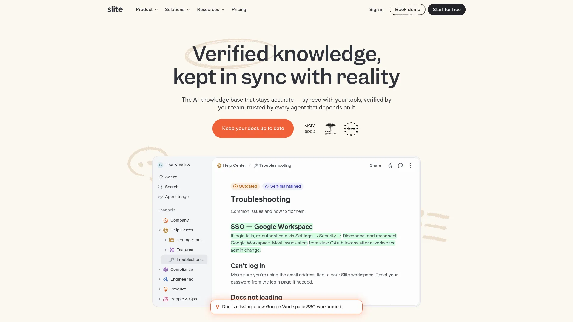 Slite AI team knowledge base interface