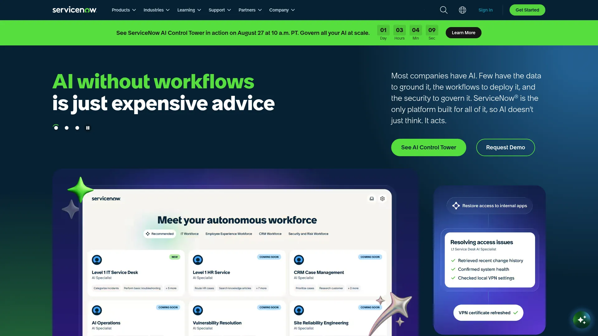 ServiceNow homepage screenshot
