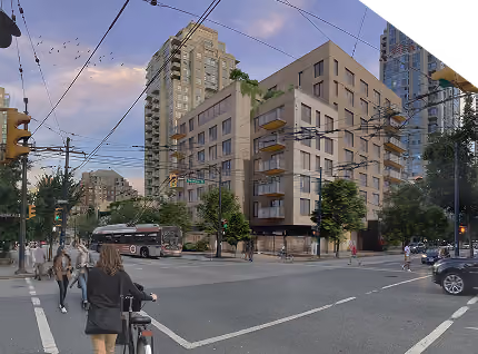 Urban street corner with modern apartment buildings, pedestrians, cars, and overhead trolley bus wires at dusk.