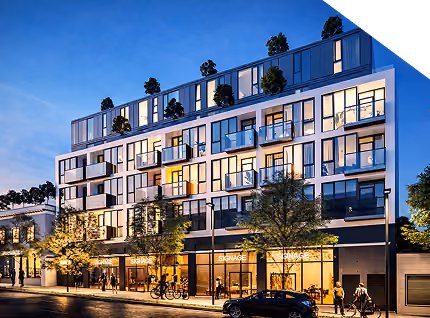 Modern multi-story residential building with balconies, trees, and pedestrians at dusk.