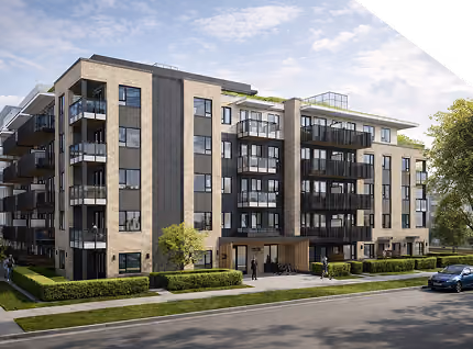 Modern four-story apartment building with balconies, greenery, and a blue car parked nearby.
