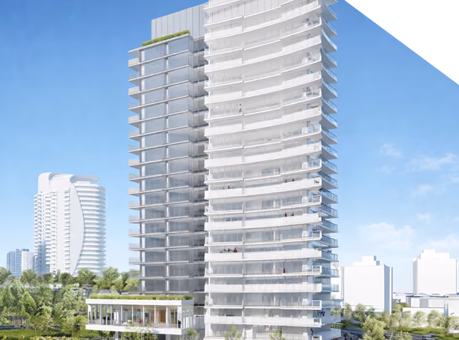 Modern high-rise building with glass balconies and curved architectural design under blue sky.