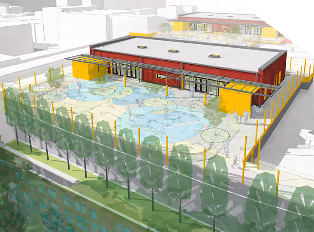 Rendering of two modern rectangular buildings with outdoor areas, trees, shaded seating, and pathways.