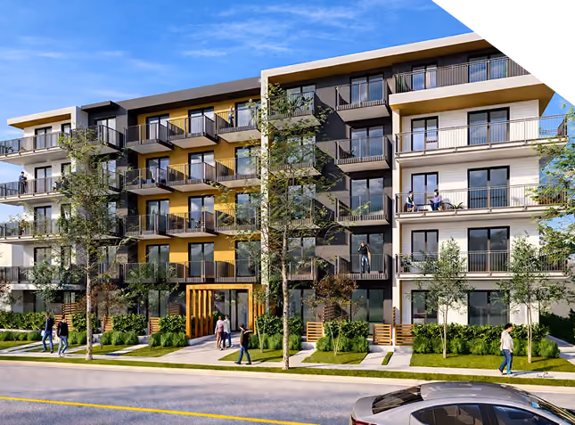 Modern apartment building with balconies, trees, and people walking outside on a sunny day.