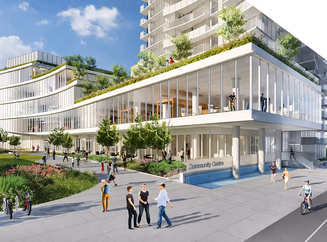 Modern community centre with large glass windows, rooftop garden, and people walking and cycling outside.
