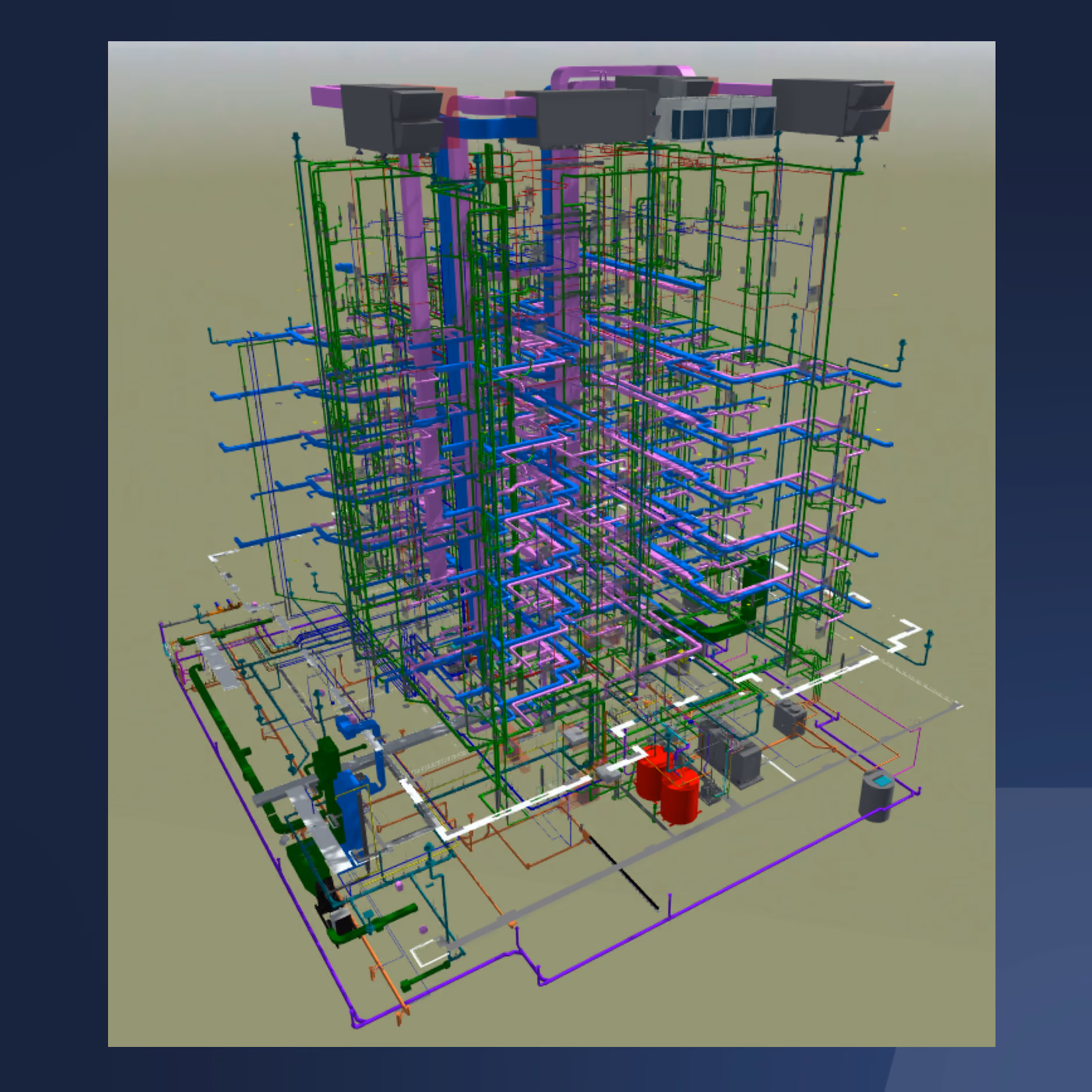 3D model of building's complex piping and mechanical systems with multicolored pipes and equipment.