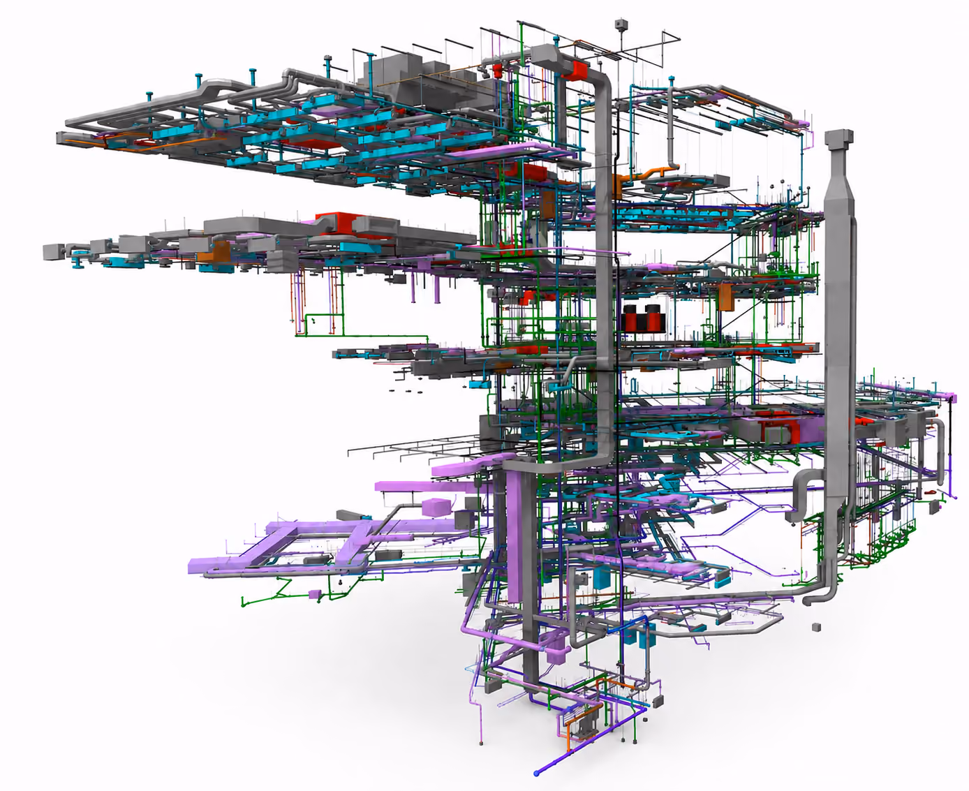Complex 3D building model showing multi-level piping and ductwork systems in various colors.