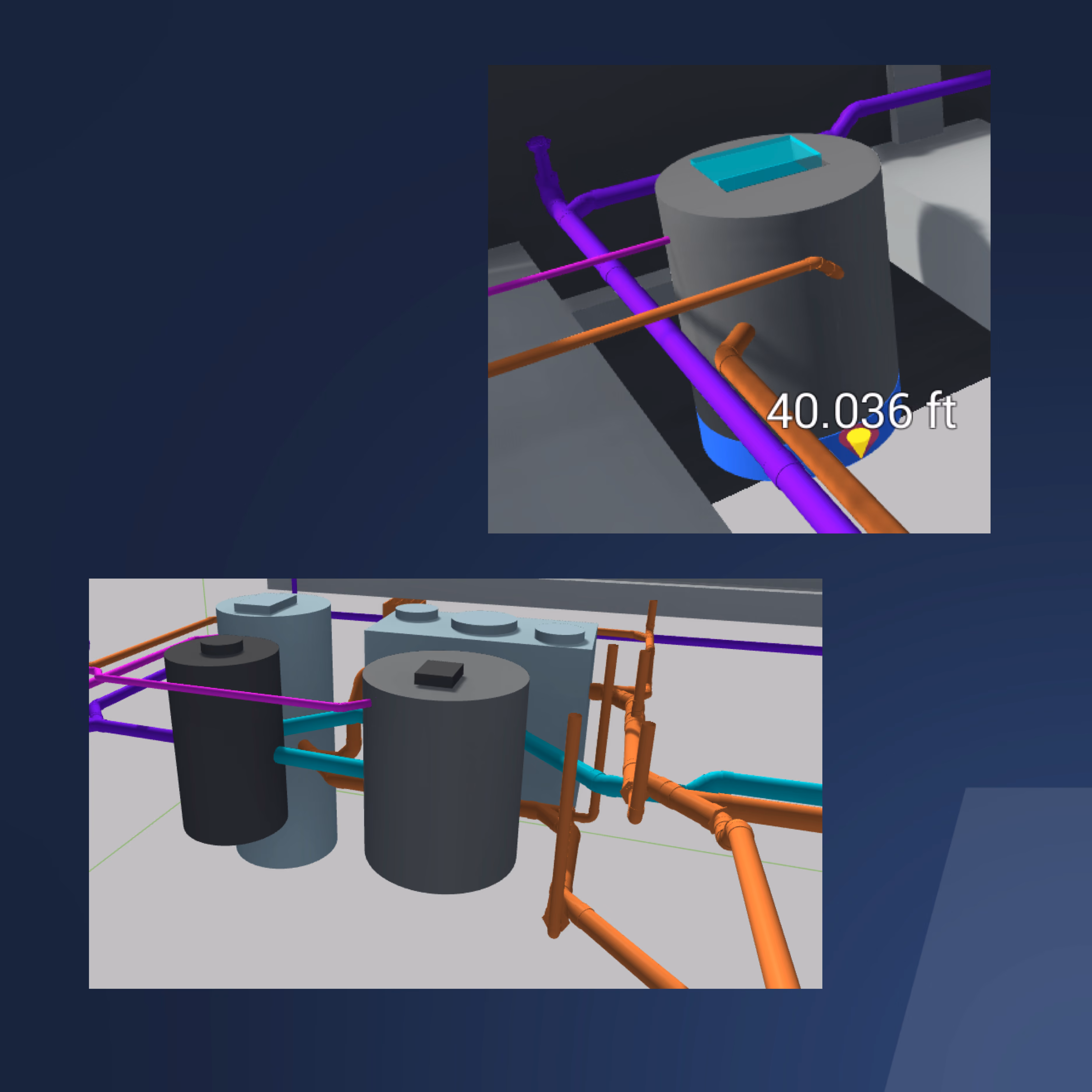 3D model of cylindrical tanks connected by orange, purple, and blue pipes with measurement label 40.036 ft.