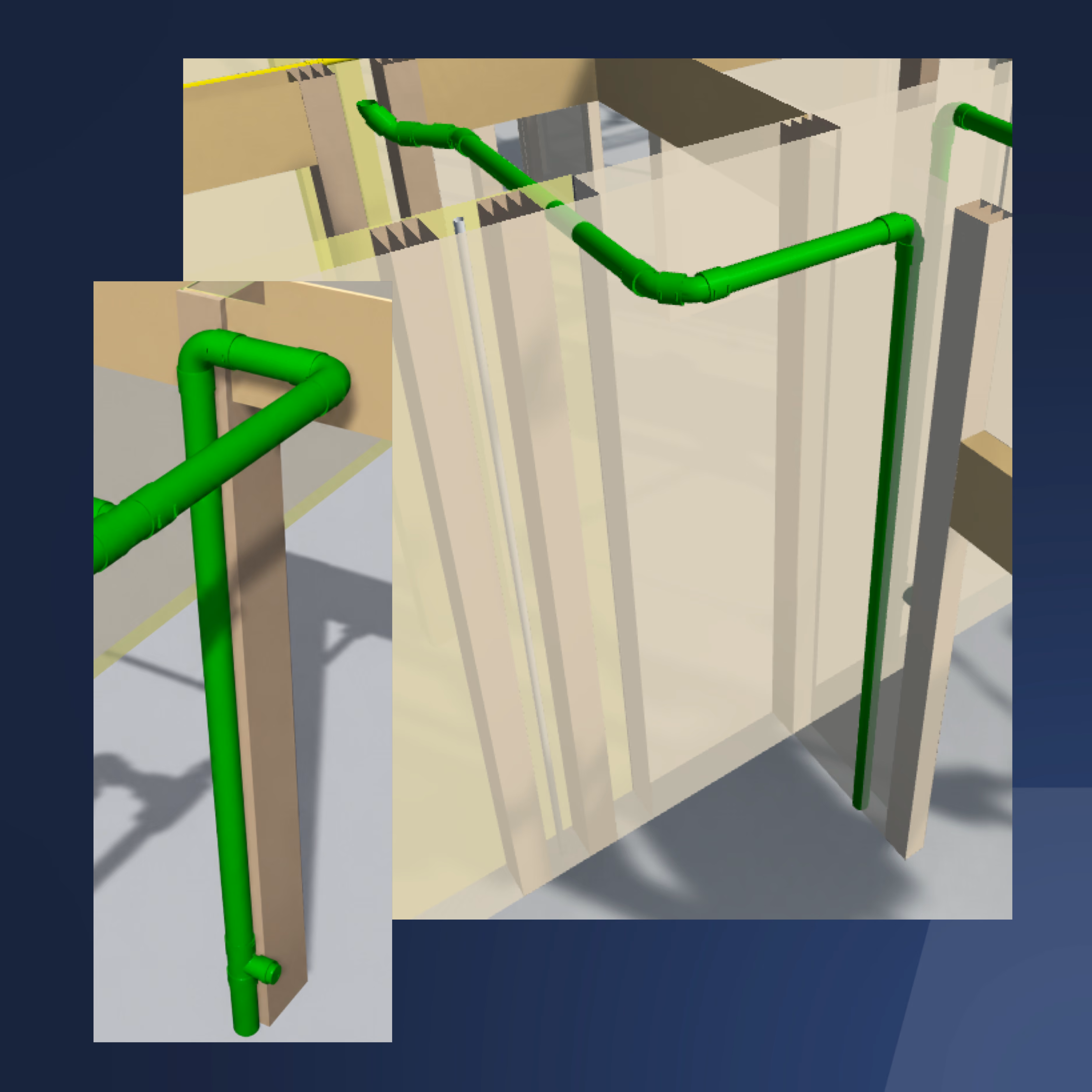 3D model showing a green plumbing pipe system with elbows running along light beige walls and floor.