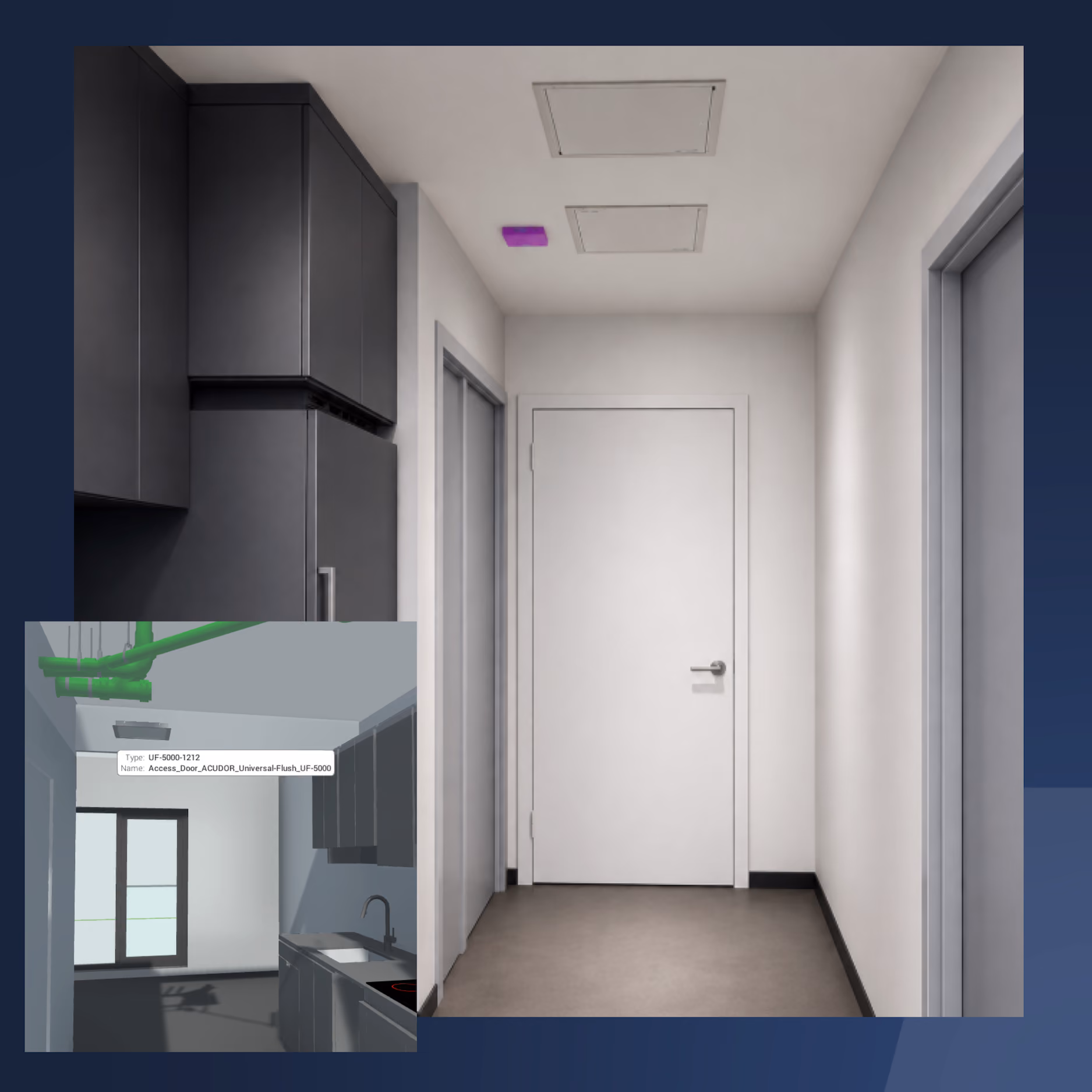 Modern hallway with white doors, gray cabinets, and purple ceiling sensor in a residential setting.