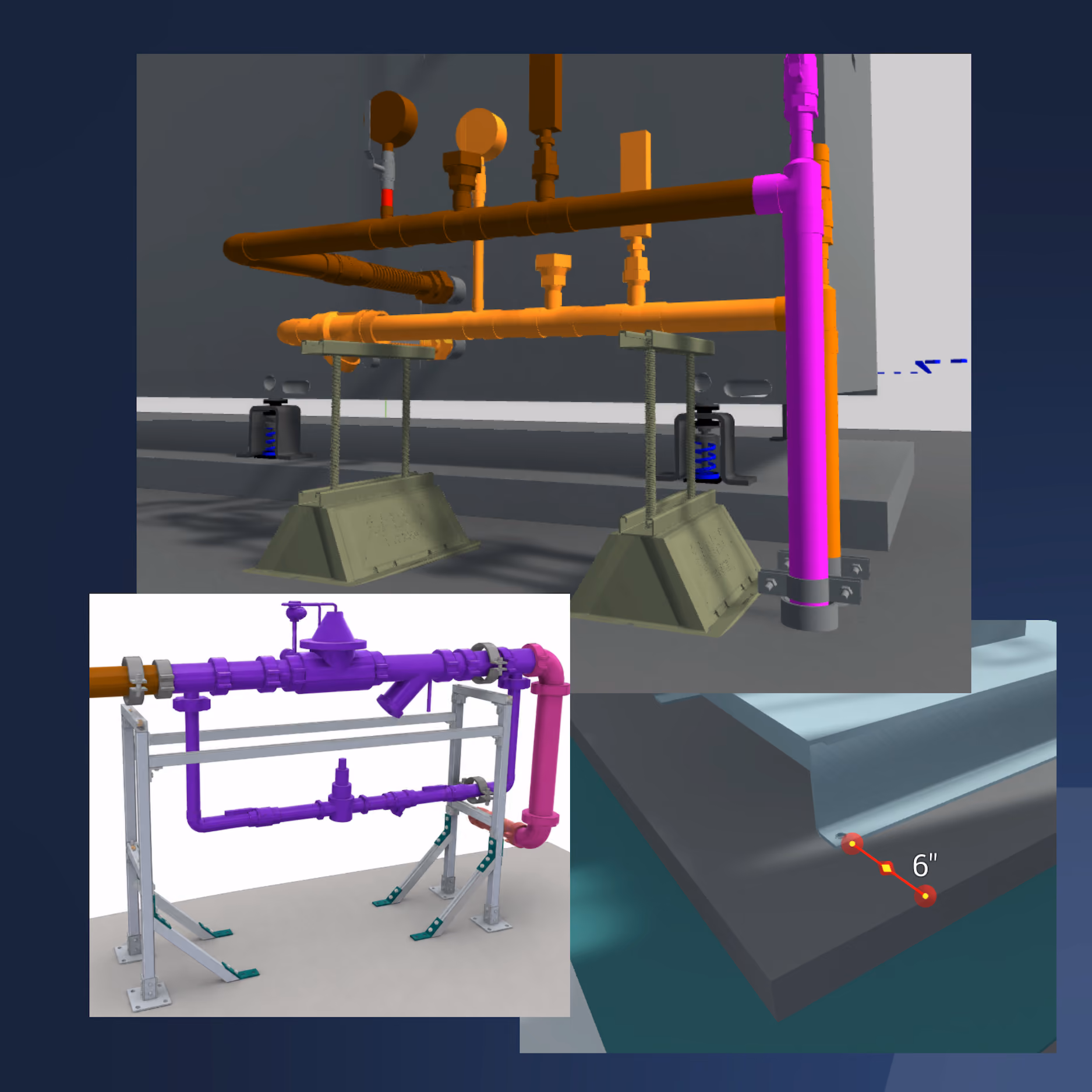 3D model of industrial piping systems in purple, orange pipes with supports and a 6-inch measurement.