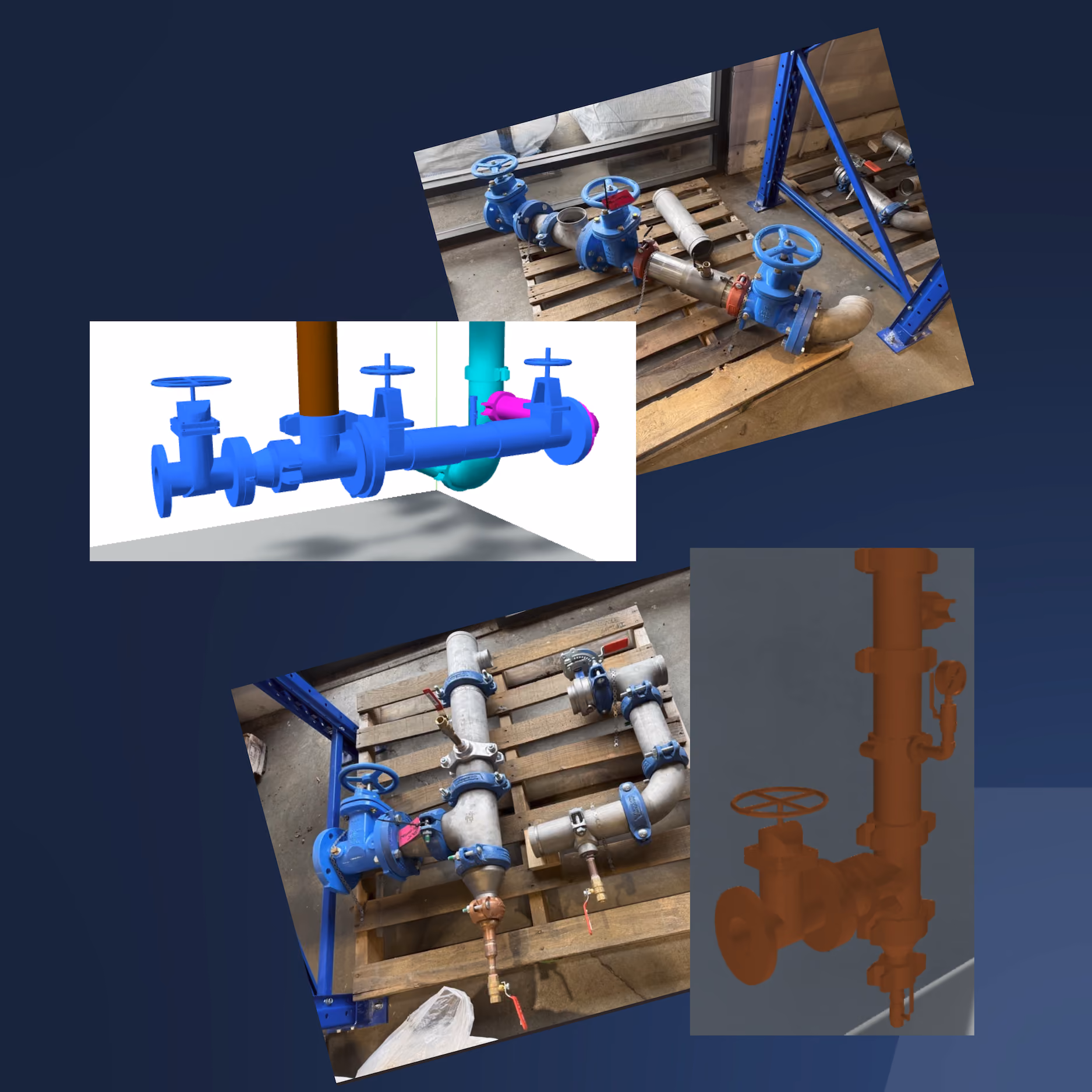 Collage of industrial valve assemblies including CAD models and real pipe setups on pallets.
