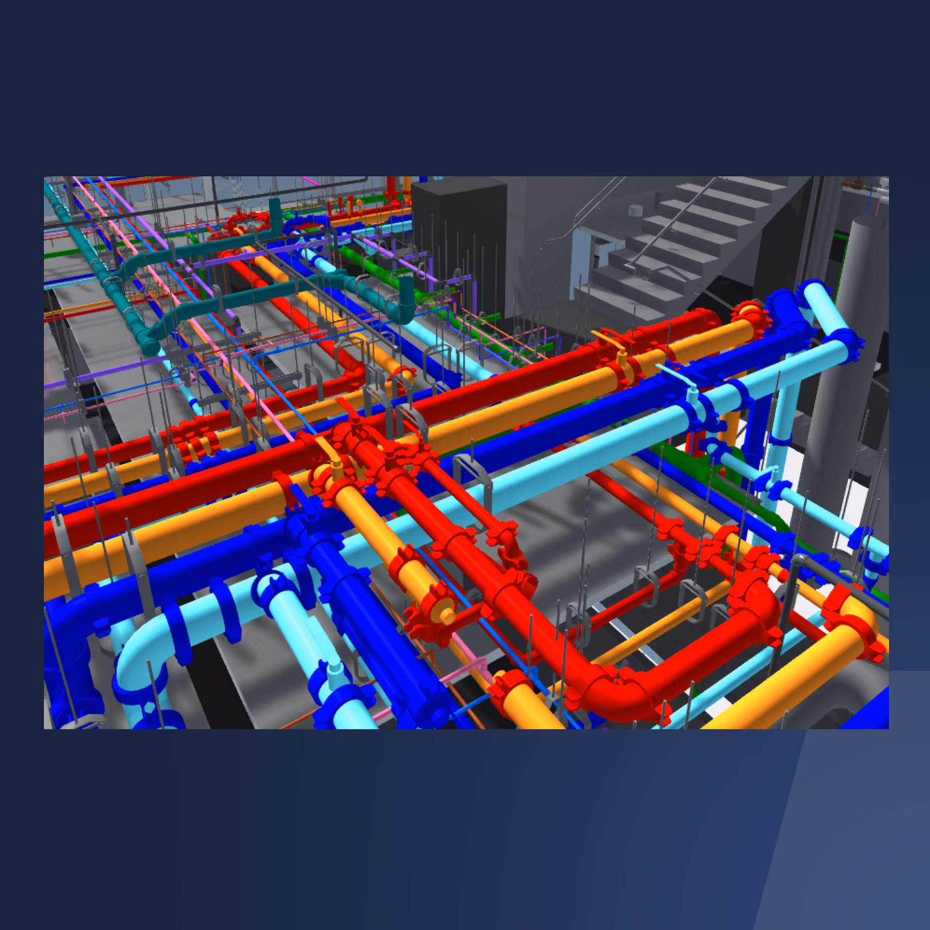 Color-coded 3D model of industrial pipes and valves inside a building with a staircase.