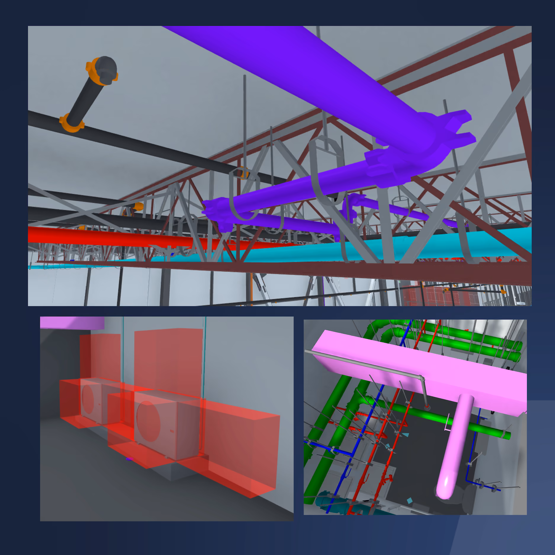 Three 3D model views of colored pipes and HVAC units in a building construction design.